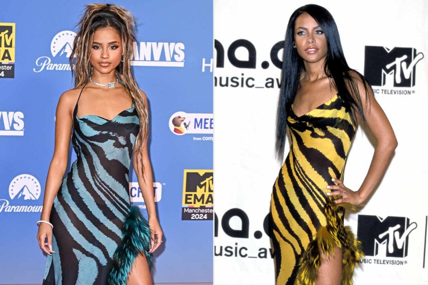 Tyla Wears a Blue Version of Aaliyah’s Roberto Cavalli Animal Print Dress from the 2000 MTV VMAs