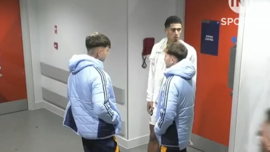 Jude Bellingham is spotted waiting to swap shirts with close pal Trent Alexander-Arnold outside the Liverpool dressing room after Real Madrid's Anfield defeat