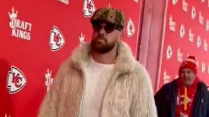 Travis Kelce arrives for Chiefs-Texans clash in fluffy jacket and Louis Vuitton cap… with Taylor Swift set to follow