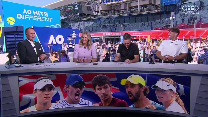 Channel Nine star Tony Jones doesn’t even get through 20 minutes of Australian Open coverage before tennis greats make him the butt of a hilarious joke