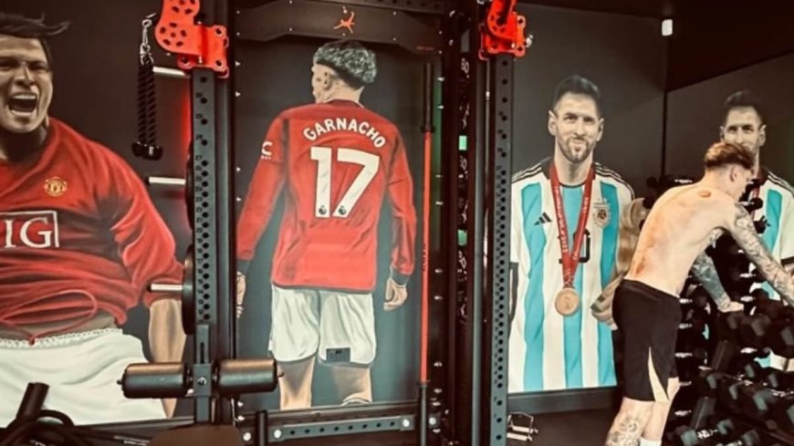 Pictured: Alejandro Garnacho's home gym pays tribute to BOTH Cristiano Ronaldo and Lionel Messi in stunning murals… as fans claim Man United star is 'sitting on the fence' in GOAT debate