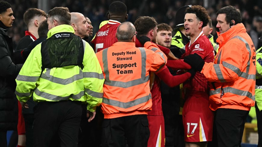 Arne Slot, Liverpool and Everton stars get SENT OFF as police intervene in crazy end to Merseyside derby