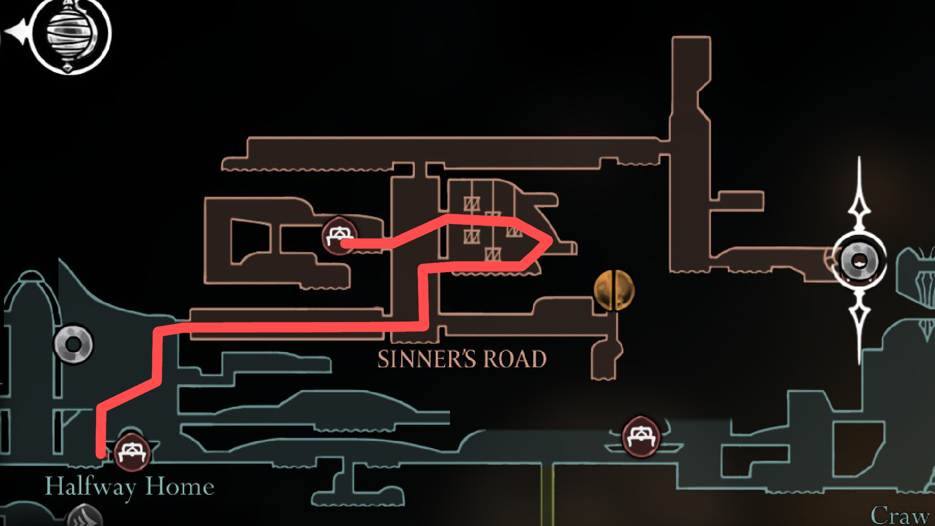 A quick map showing the general path to the bench in Sinner's Road.