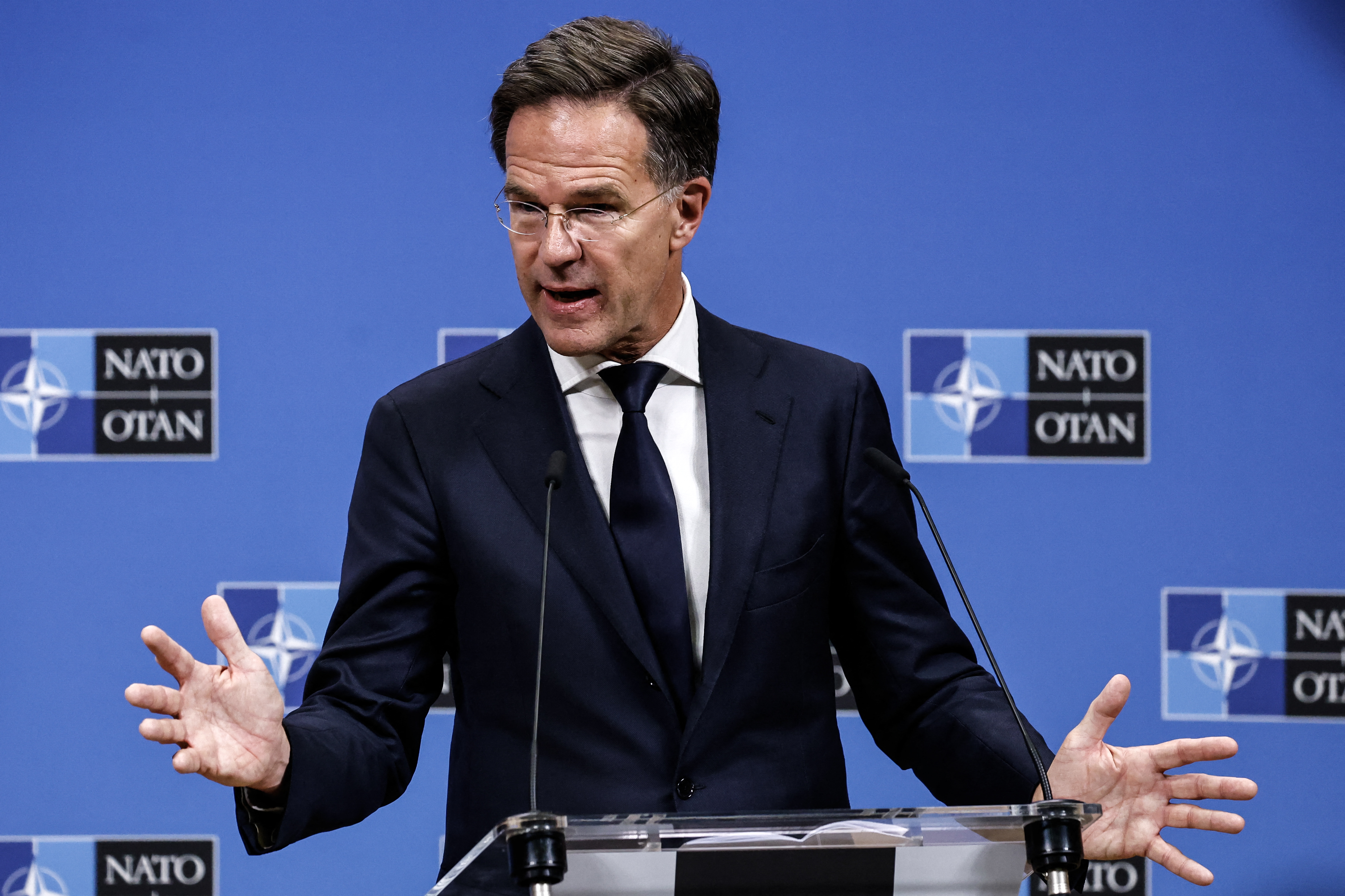 NATO Secretary General Mark Rutte speaks during a press conference on the violation of Polish airspace by Russian drones, at the NATO headquarters in Brussels on September 12, 2025.