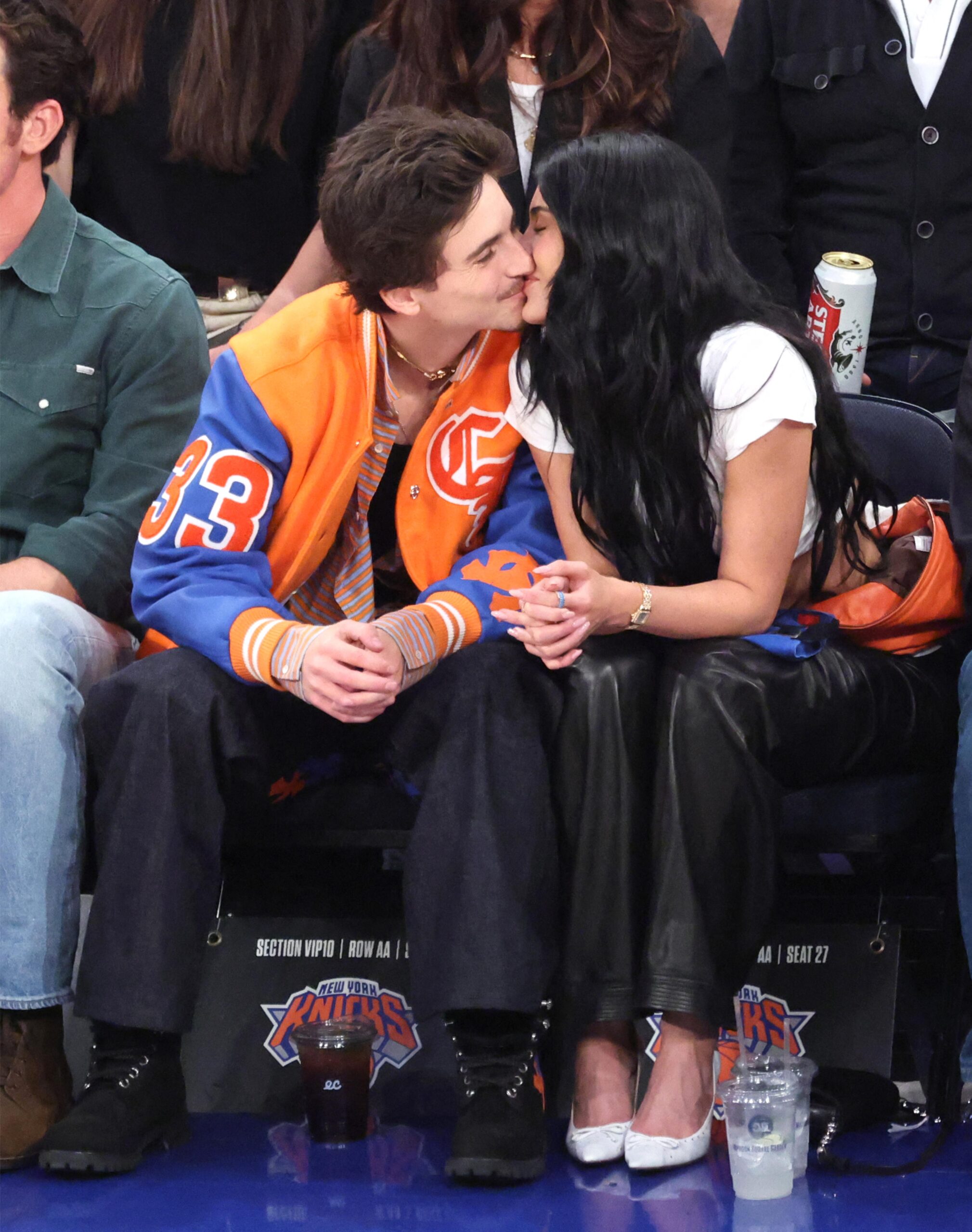 Kylie Jenner and Timoth&eacute;e Chalamet share a kiss court side at the Knicks vs Pacers Game 5