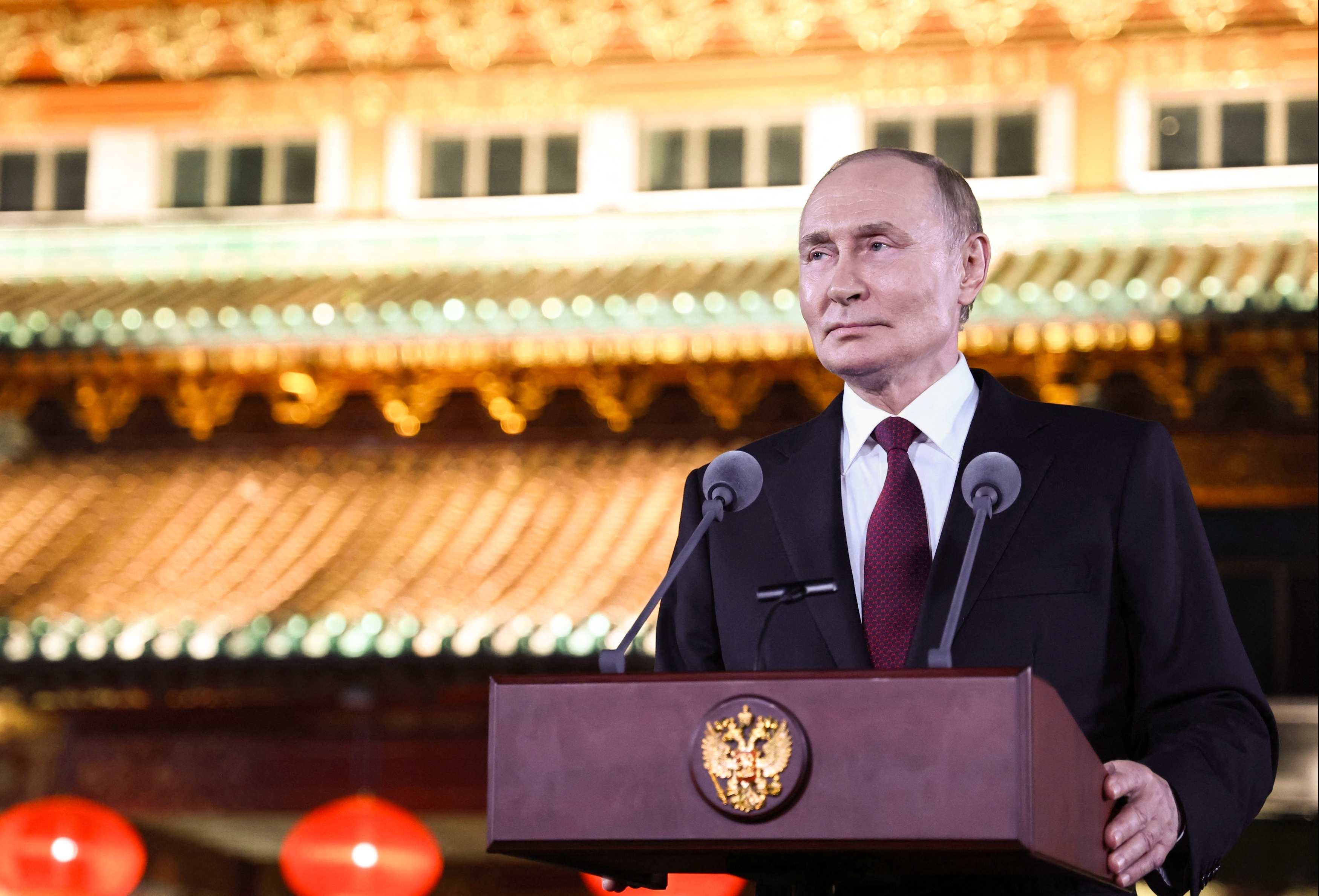 In this pool photograph distributed by the Russian state agency Sputnik, Russia's President Vladimir Putin holds a press conference, at the end of his visit to China for the Tianjin SCO Summit and the military parade to mark the 80th anniversary of the end of World War Two, in Beijing on September 3, 2025. (Photo by Alexander KAZAKOV / POOL / AFP)