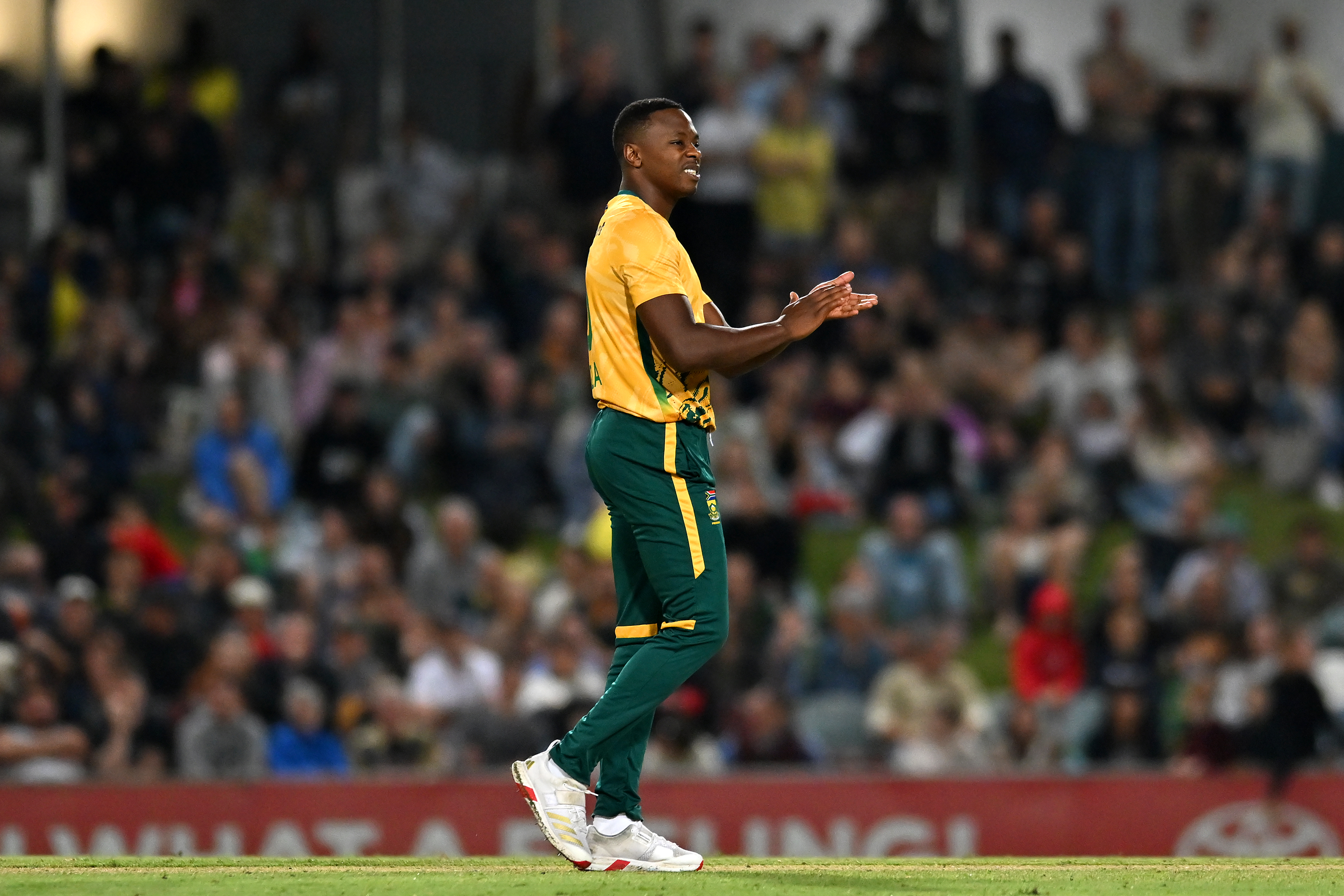 CAIRNS, AUSTRALIA - AUGUST 16: Kagiso Rabada of South Africa reacts during game three of the Men's T20 International series between Australia and South Africa at Cazaly's Stadium on August 16, 2025 in Cairns, Australia. (Photo by Albert Perez - CA/Cricket Australia via Getty Images)