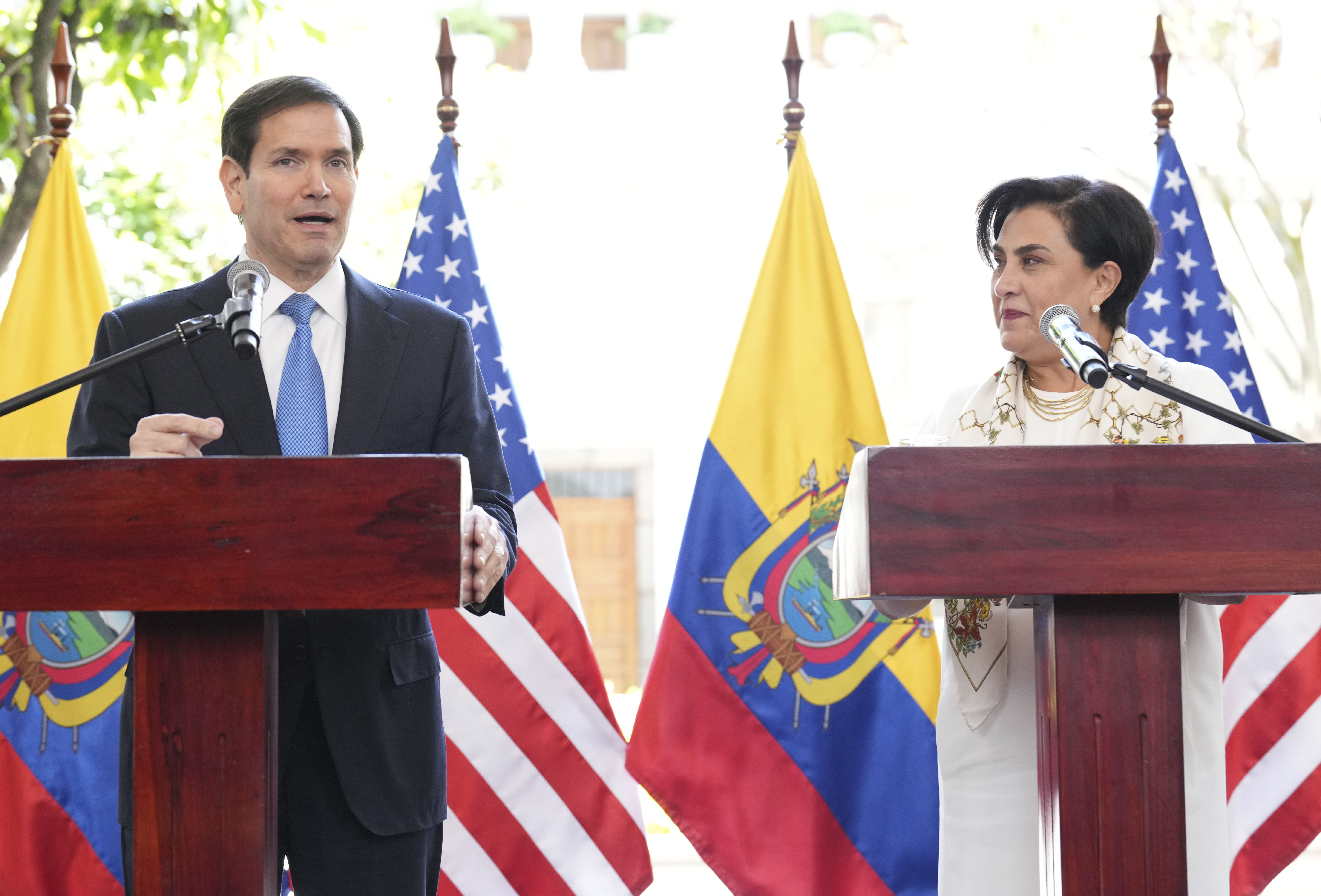 Secretary of State Marco Rubio and Ecuador's Foreign Minister Gabriela Sommerfeld attend a joint news conference at the Palacio de Carondelet in Quito, Ecuador, Thursday, Sept. 4, 2025. (AP Photo/Jacquelyn Martin, Pool)
