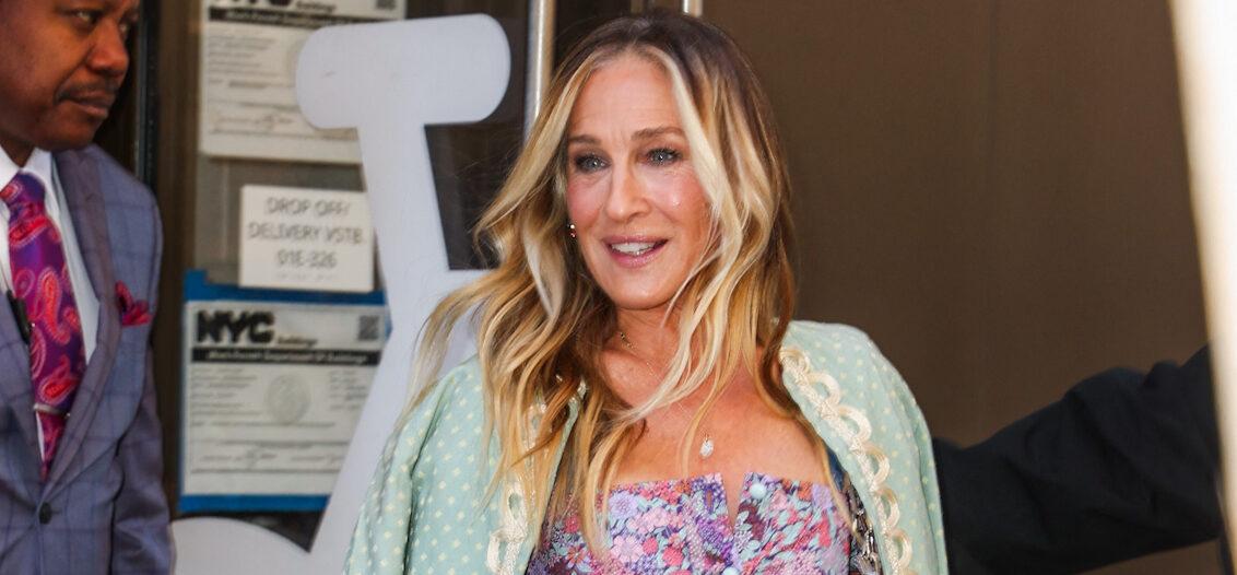 Sarah Jessica Parker is all smiles in a beautiful floral dress while leaving Live with Kelly and Mark this morning in New York City