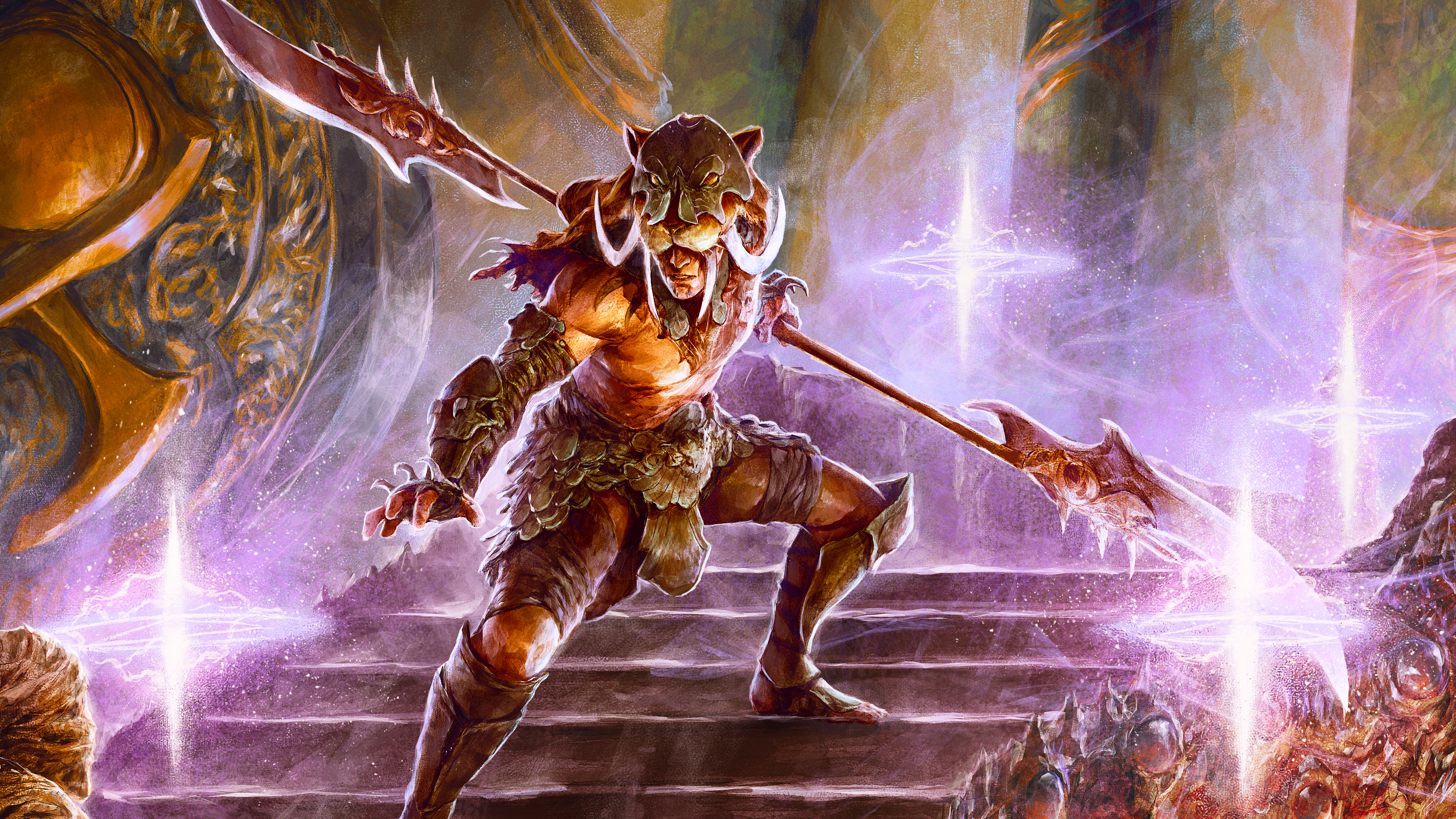 A Diablo 4 spiritborn character readies their polearm to fight as they descend a staircase.