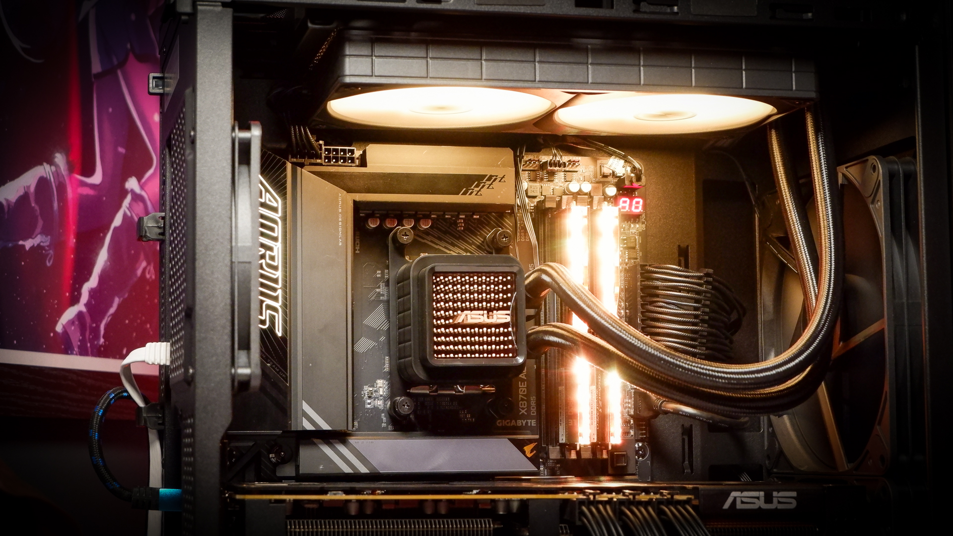 A gaming PC in the process of being built, using Radeon and Ryzen components and an Asus Pro Art PA401 PC case.