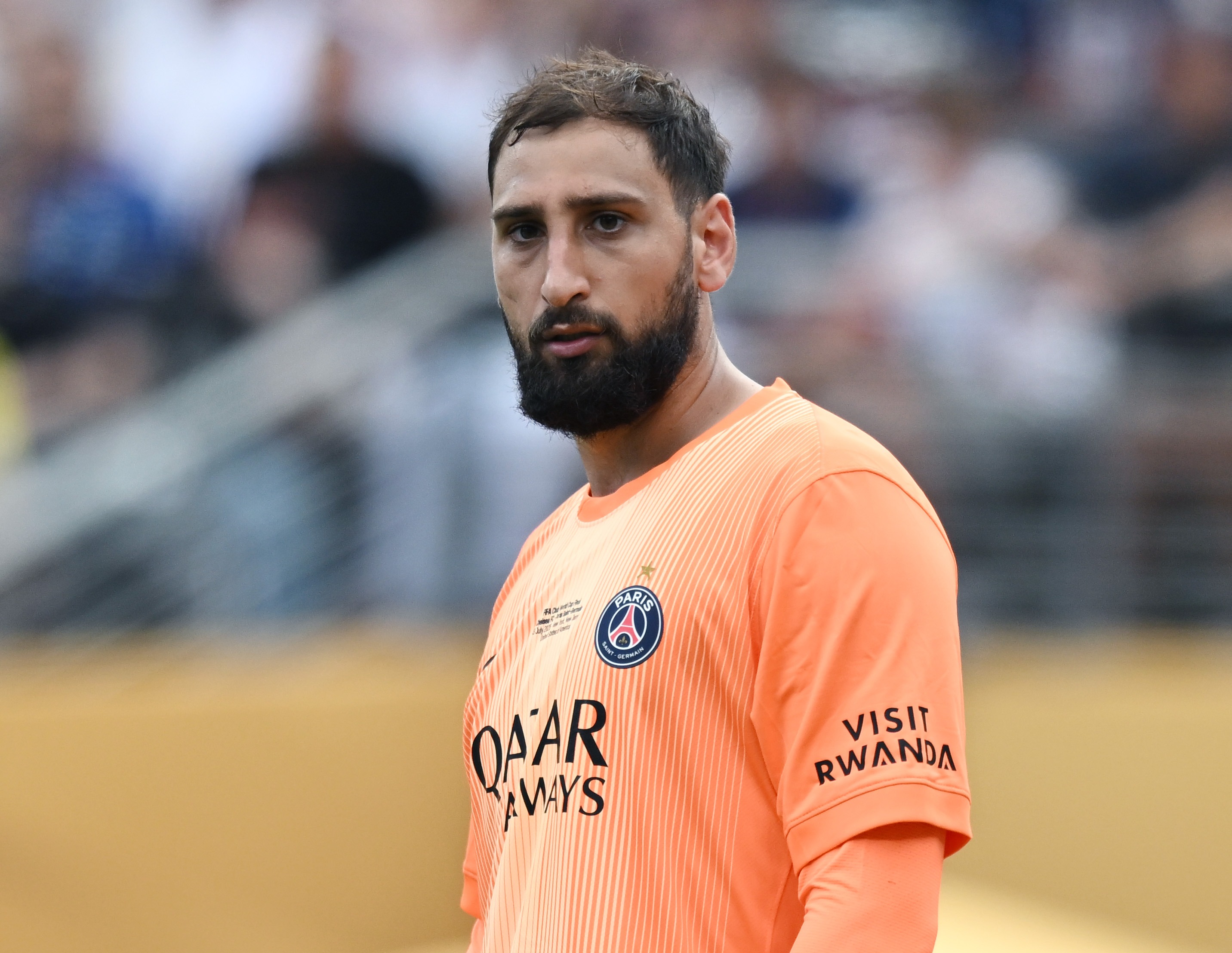EAST RUTHERFORD, NEW JERSEY - JULY 13: Gianluigi Donnarumma of Paris Saint-Germain looks on during the FIFA Club World Cup 2025 final match between Chelsea FC and Paris Saint-Germain at MetLife Stadium on July 13, 2025 in East Rutherford, New Jersey. (Photo by Image Photo Agency/Getty Images)