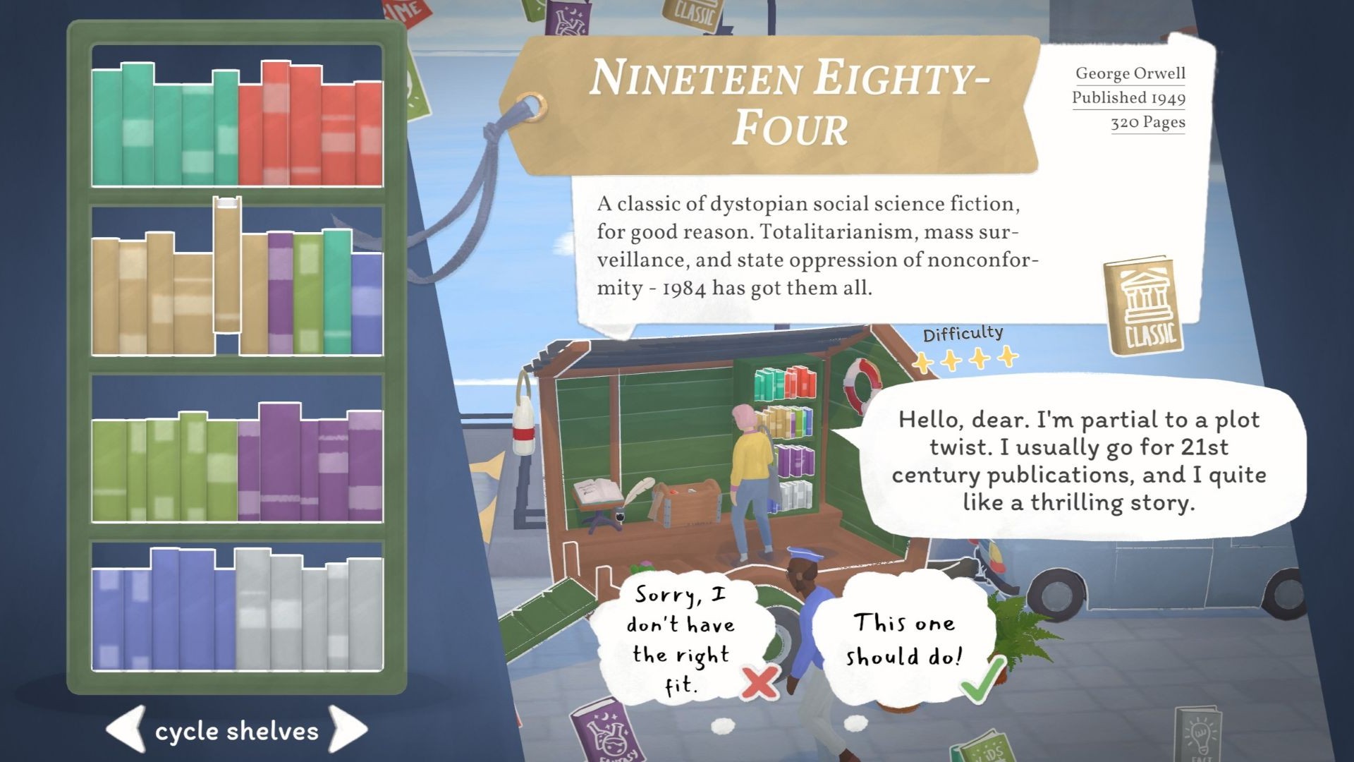 The book description for 1984 by George Orwell in Tiny Bookshop. It's described as