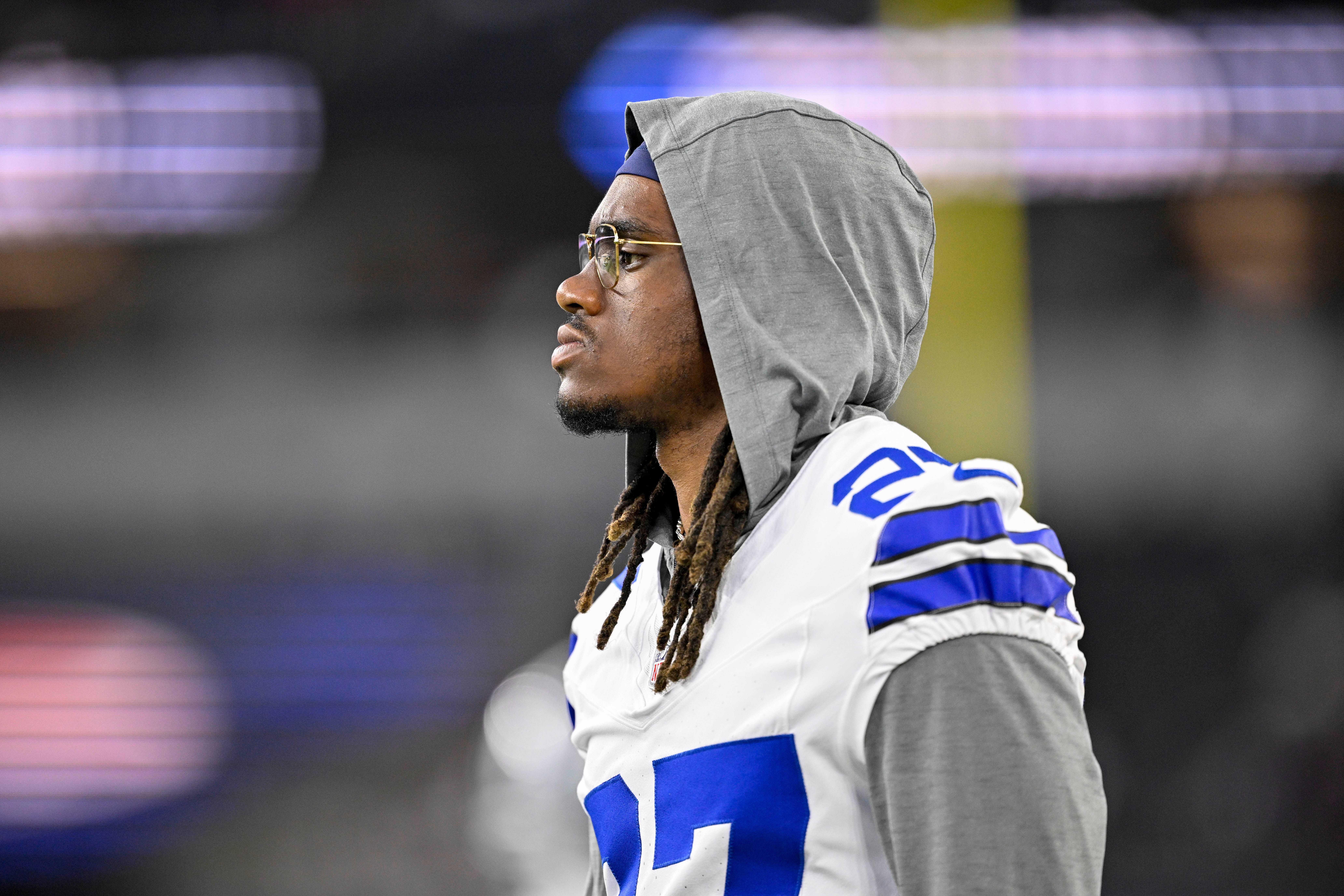 Aug 16, 2025; Arlington, Texas, USA; Dallas Cowboys cornerback Shavon Revel Jr. (27) looks on before the game against the Baltimore Ravens at AT&T Stadium. Mandatory Credit: Jerome Miron-Imagn Images