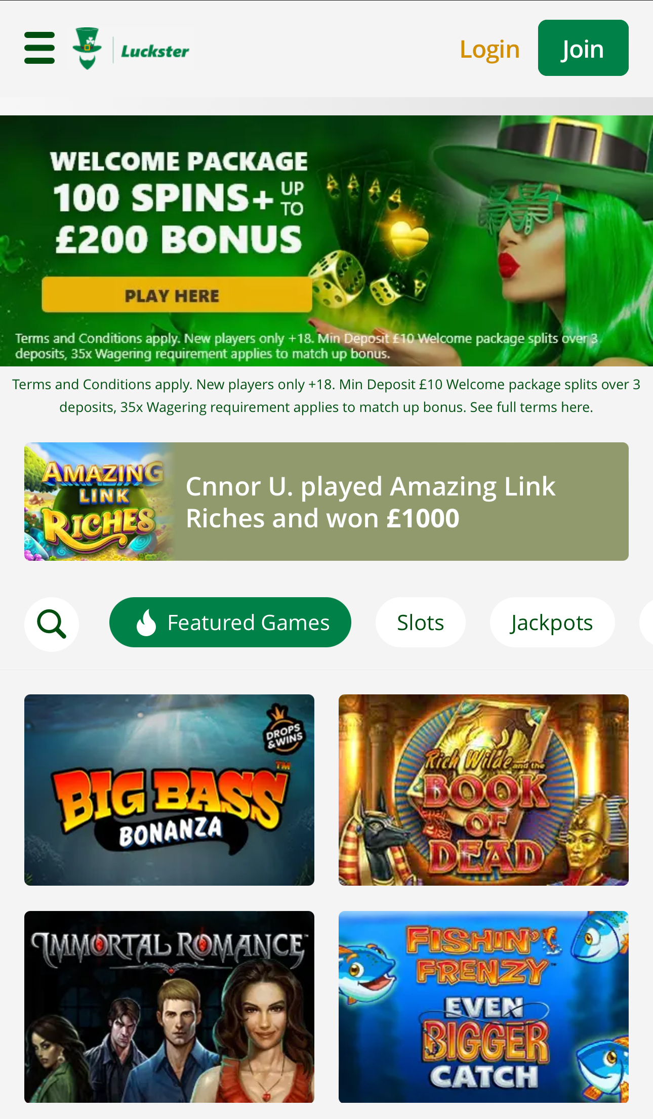 Luckster casino homepage showing welcome bonus, featured games, and a player win.