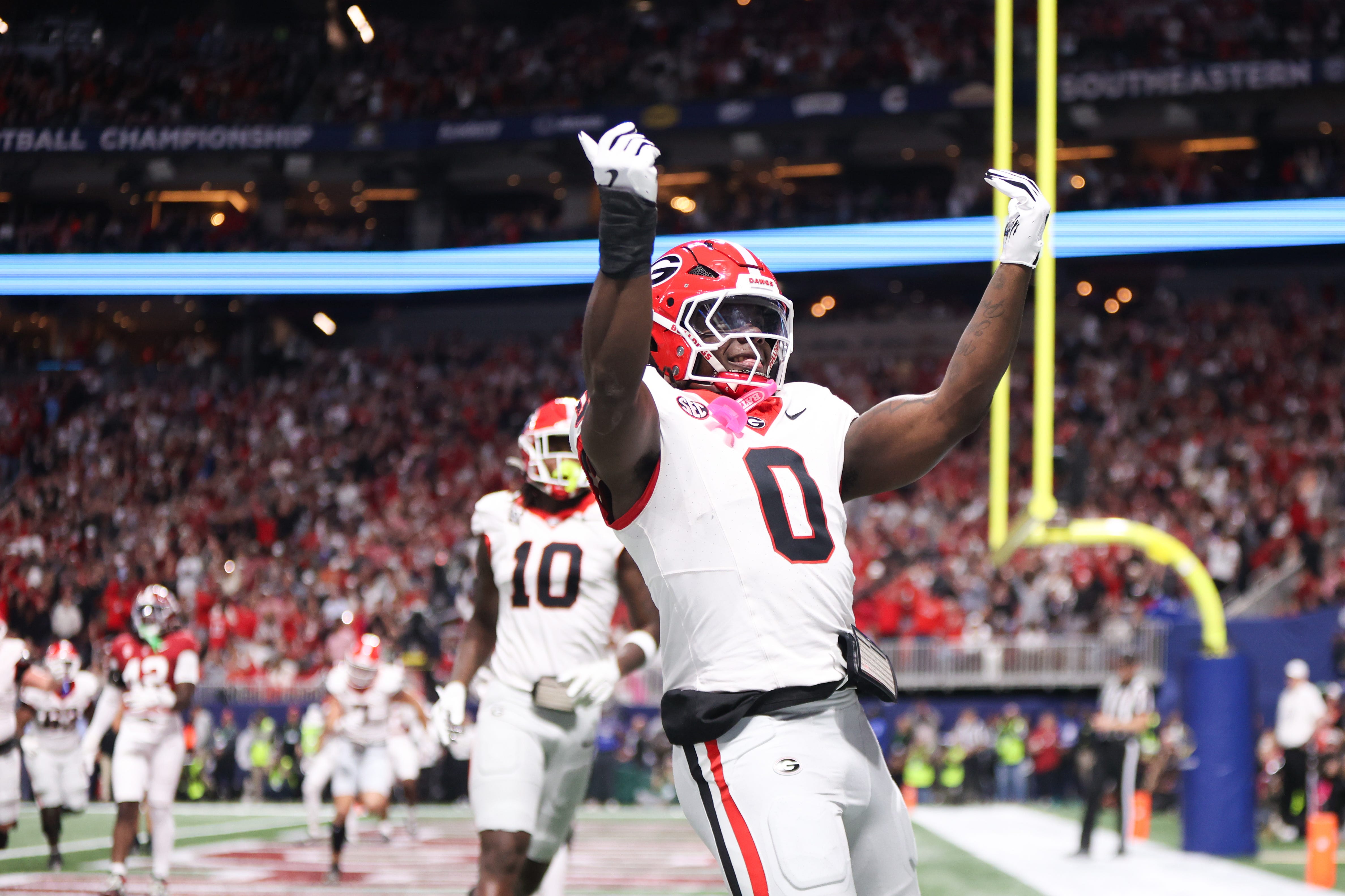 Georgia Bulldogs running back Roderick Robinson II (0) celebrates after accruing a touchdown during the first quarter against the Alabama Crimson Tide