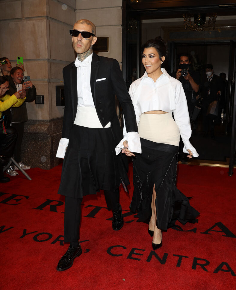 Kourtney Kardashian and Travis Barker leave the Ritz Carlton Hotel on their way to the Met Gala