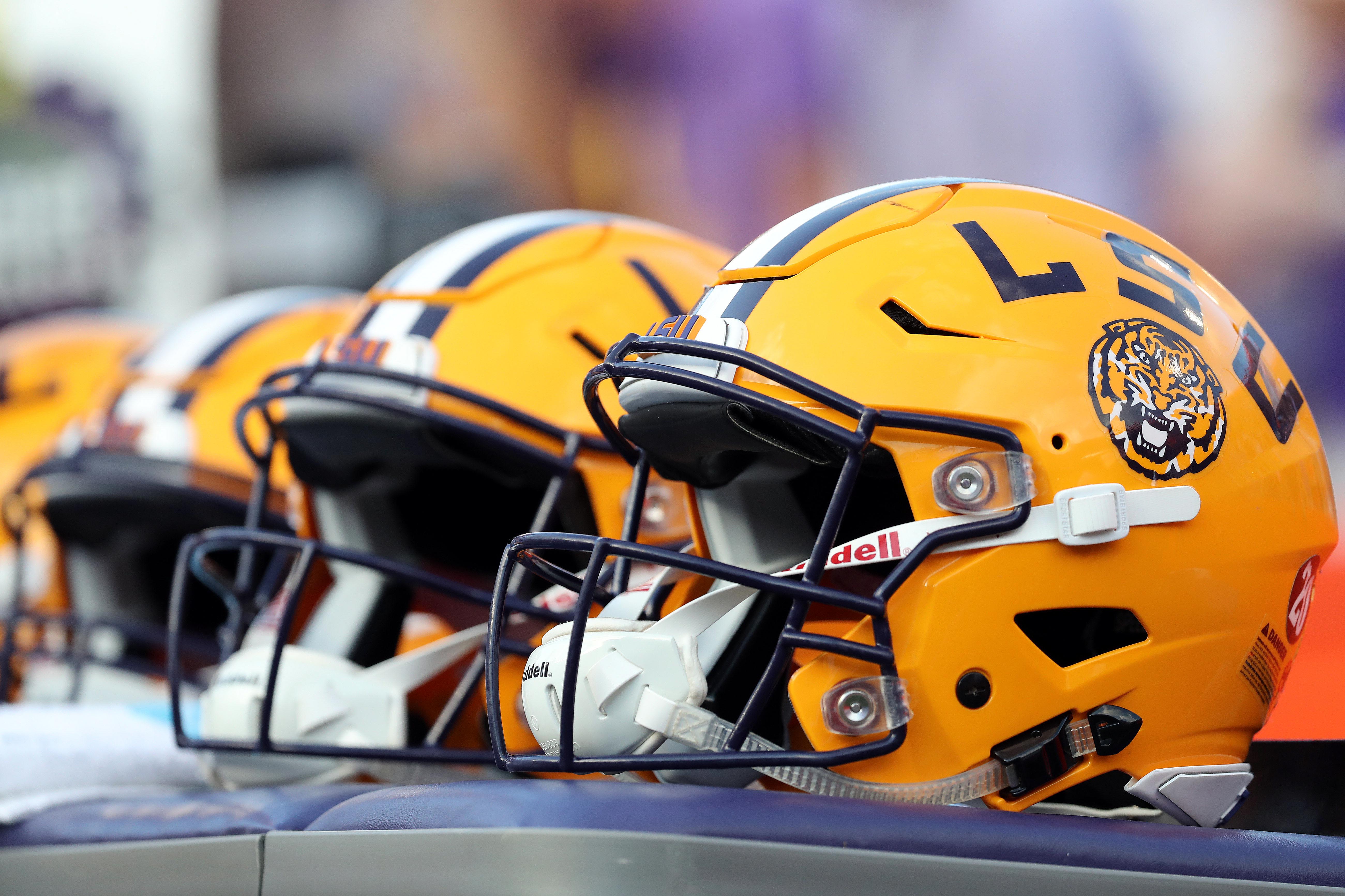 Oct 6, 2018; Gainesville, FL, USA; A detail view of LSU Tigers football helmets against the Florida Gators during the second half at Ben Hill Griffin Stadium. Mandatory Credit: Kim Klement-USA TODAY Sports