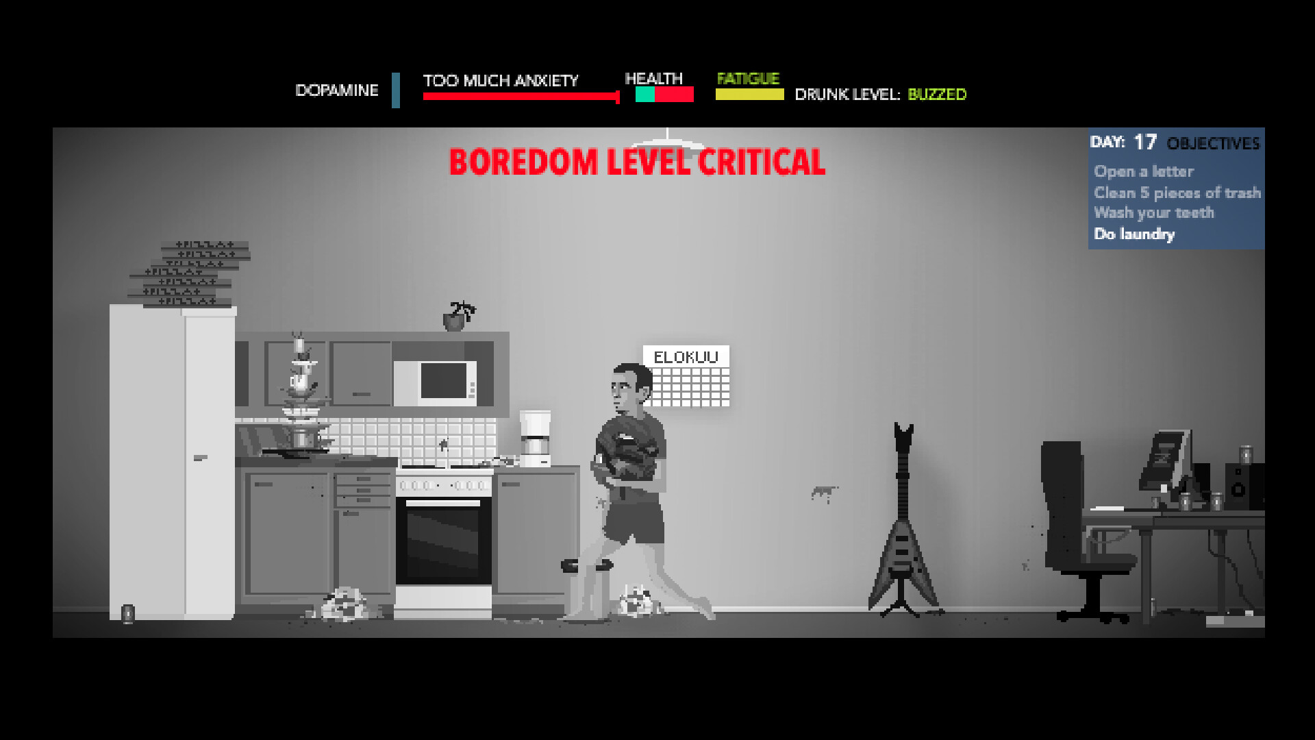 A bored person walking through their apartment to do laundry