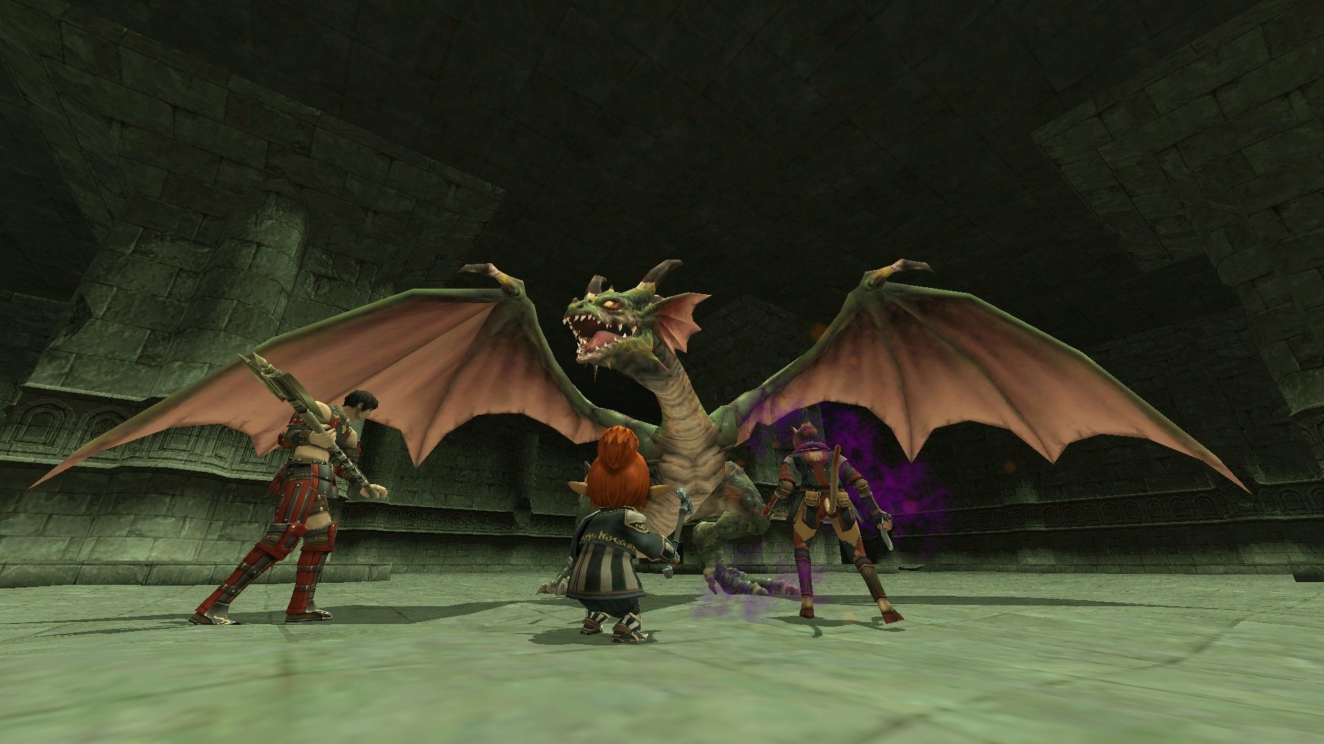 A party of FF11 adventurers confronting a dragon.