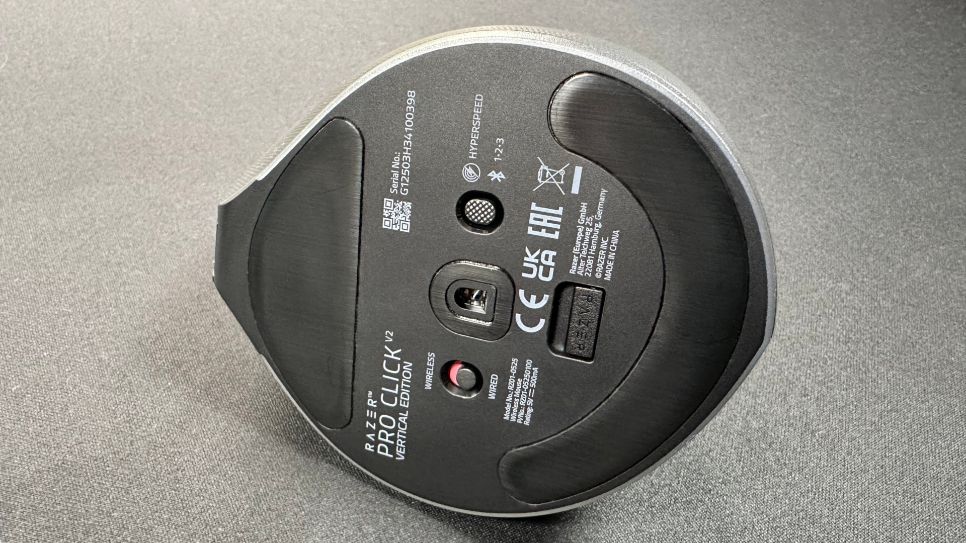 A photo of the Razer Pro Click V2 Vertical Edition wireless ergonomic mouse.