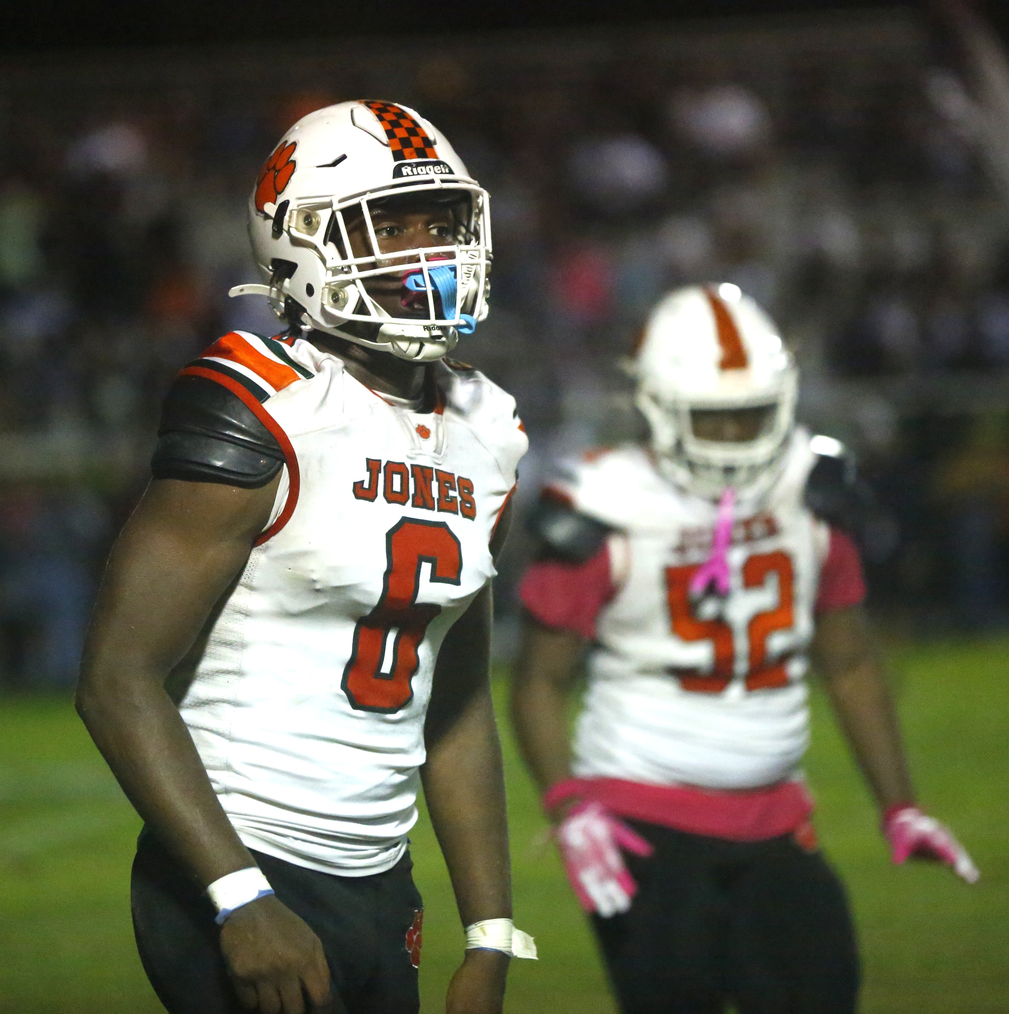 Jones DL Fred Ards III jogs off the field after a strip sack in a game against Lake Wales, Oct. 10, 2025.