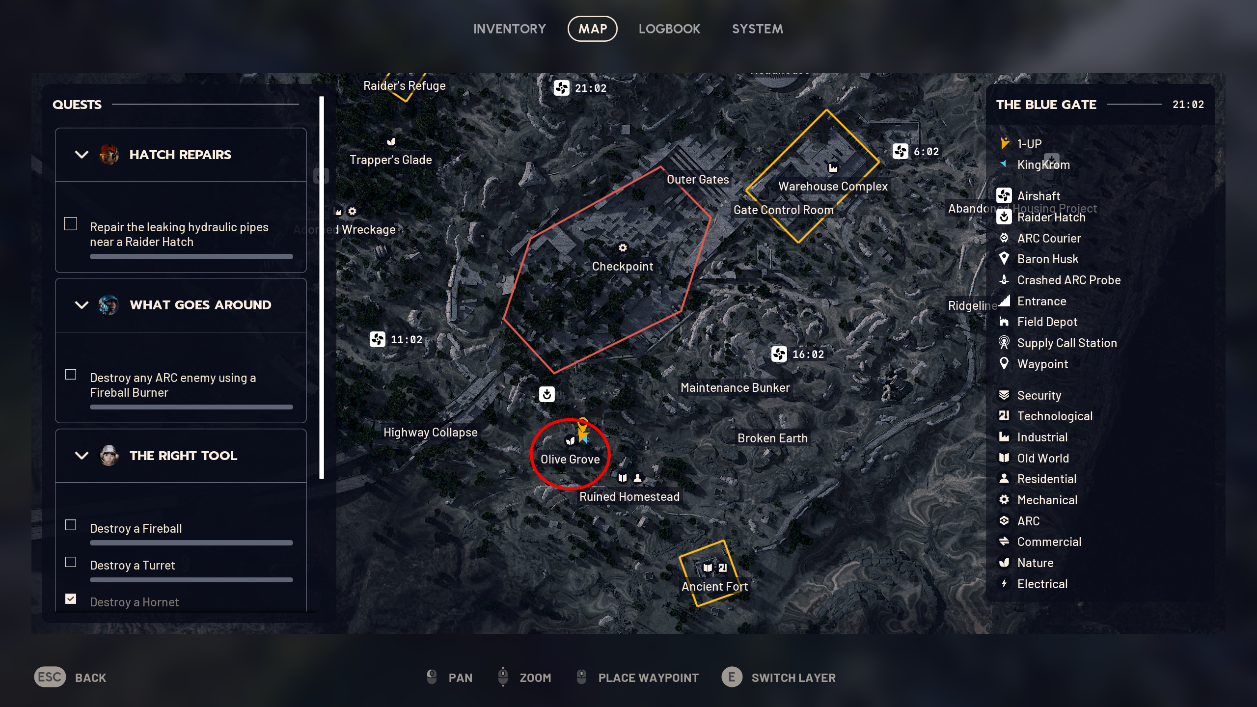 Arc Raiders lemons apricots locations: A map with a red circle highlighting the Olive Grove on the Blue Gate map.