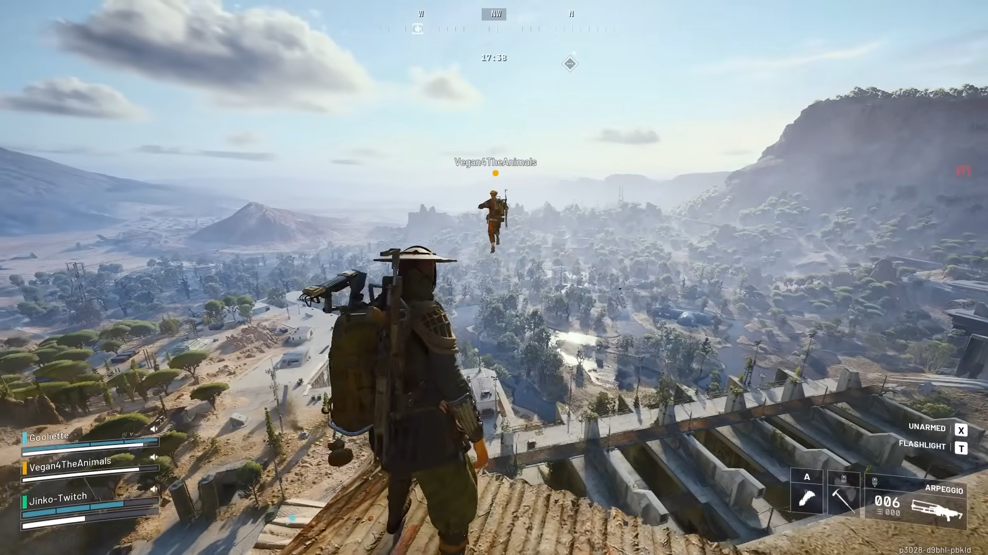Arc Raiders: A player standing on a metal platform on a tall tower overlooking the Dam Battlegrounds map, with a player flying in front of them.