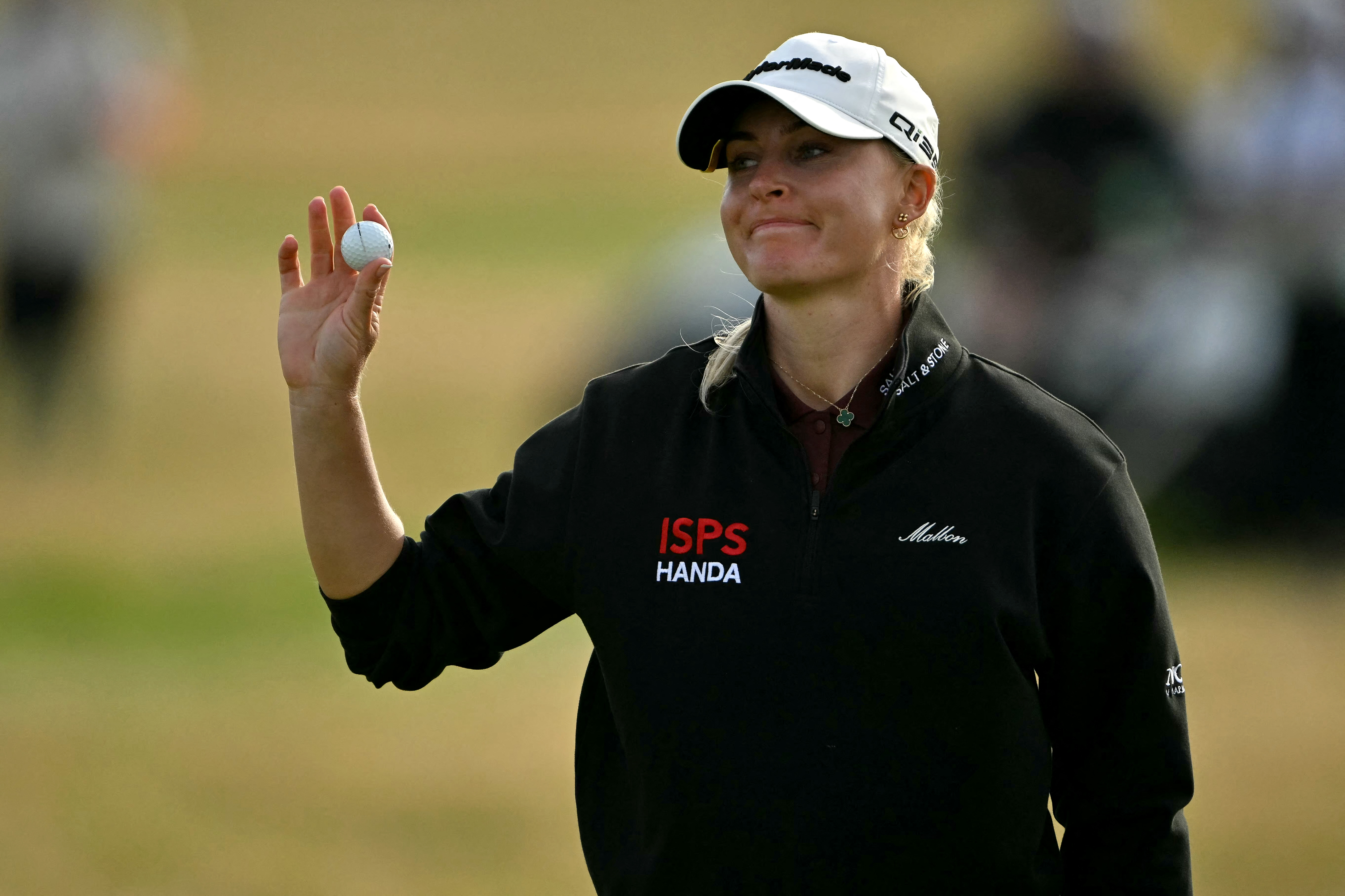 England's Charley Hull reacts on the final day of the Women's British Open Golf Championship, at Royal Porthcawl in south Wales on August 3, 2025. (Photo by Glyn KIRK / AFP) / RESTRICTED TO EDITORIAL USE (Photo by GLYN KIRK/AFP via Getty Images)