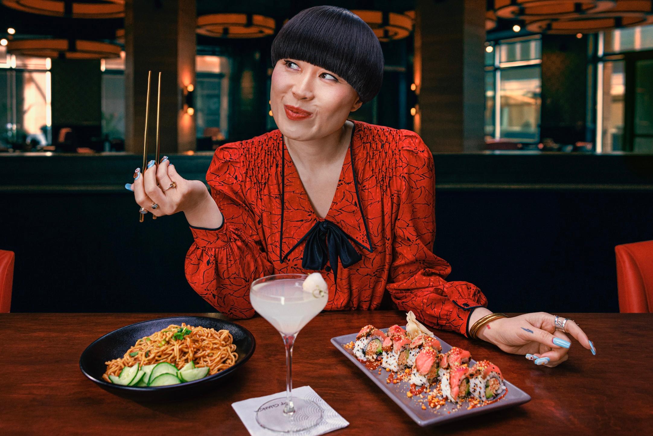 Atsuko Okatsuka eating P.F. Chang's