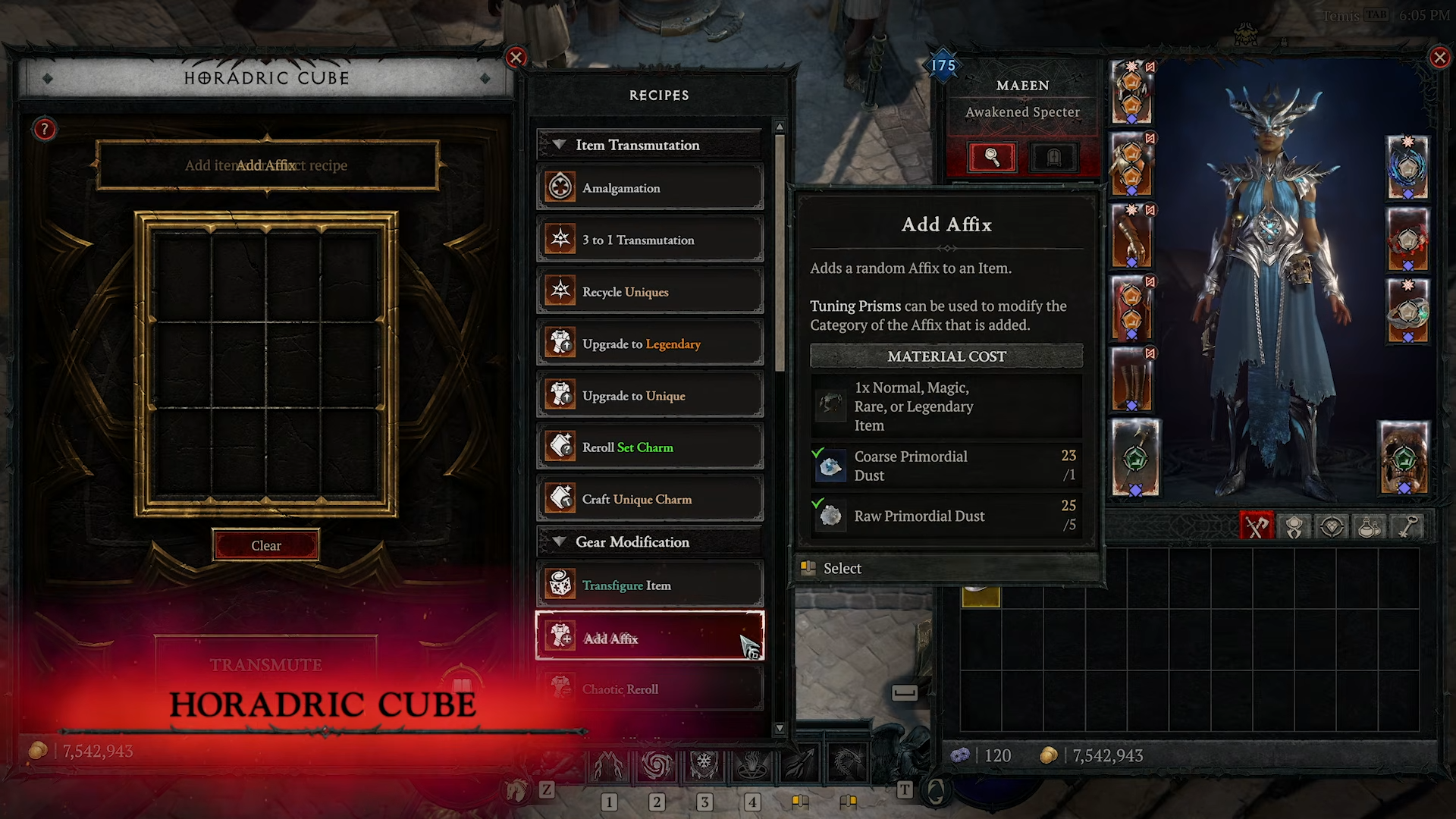 A screencap from the Diablo 30th anniversary spotlight presentation stream depicting a Diablo 4 character using the new Horadric Cube crafting system in Lord of Hatred. A window on the left shows a square with multiple item slots in it. On the right, a player is hovering over a list of recipes to alter items.
