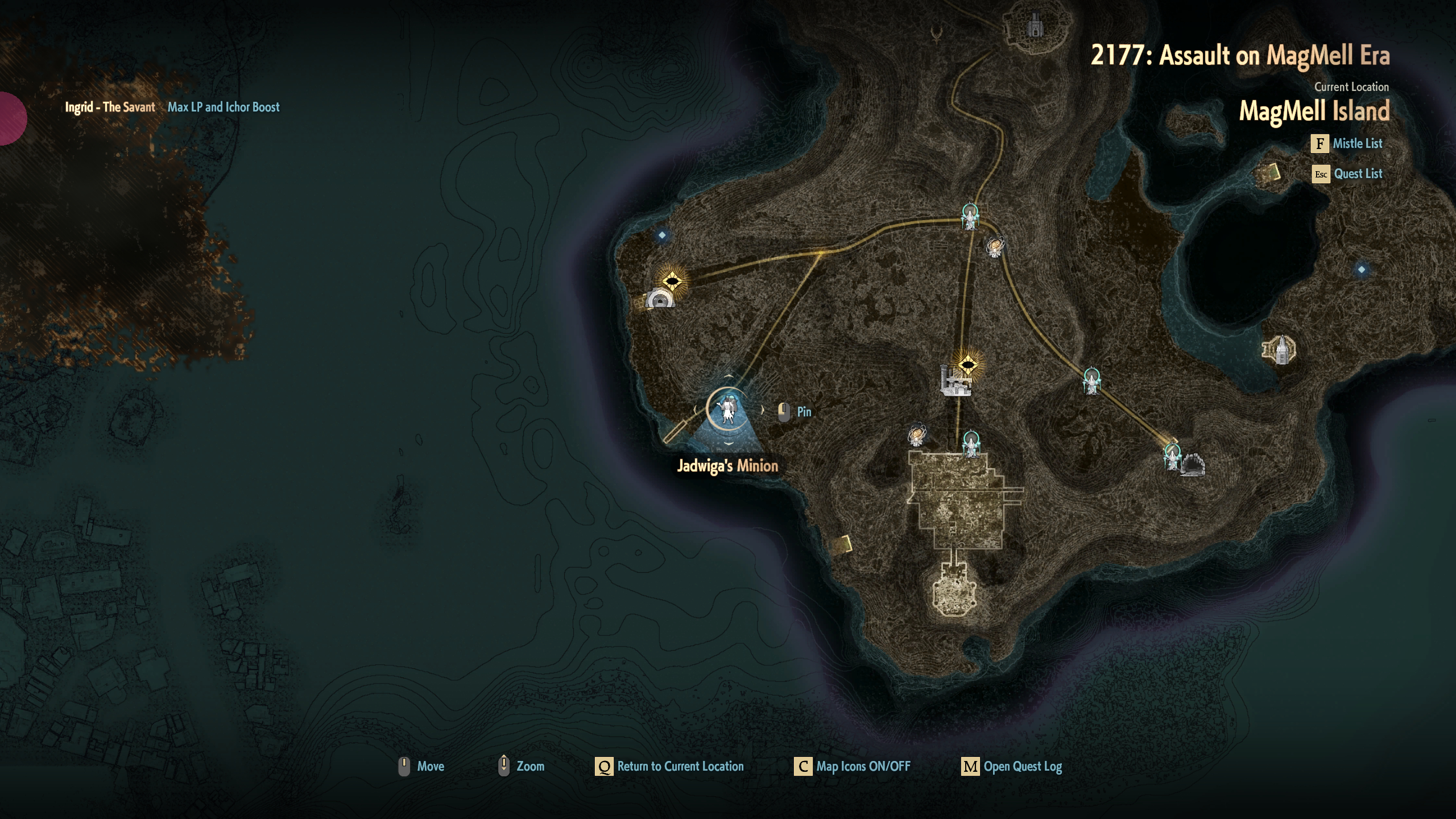 Code Vein 2 best early weapons: A map showing the location of one of Jadwiga's Minions on the southwest coast of MagMell Island.
