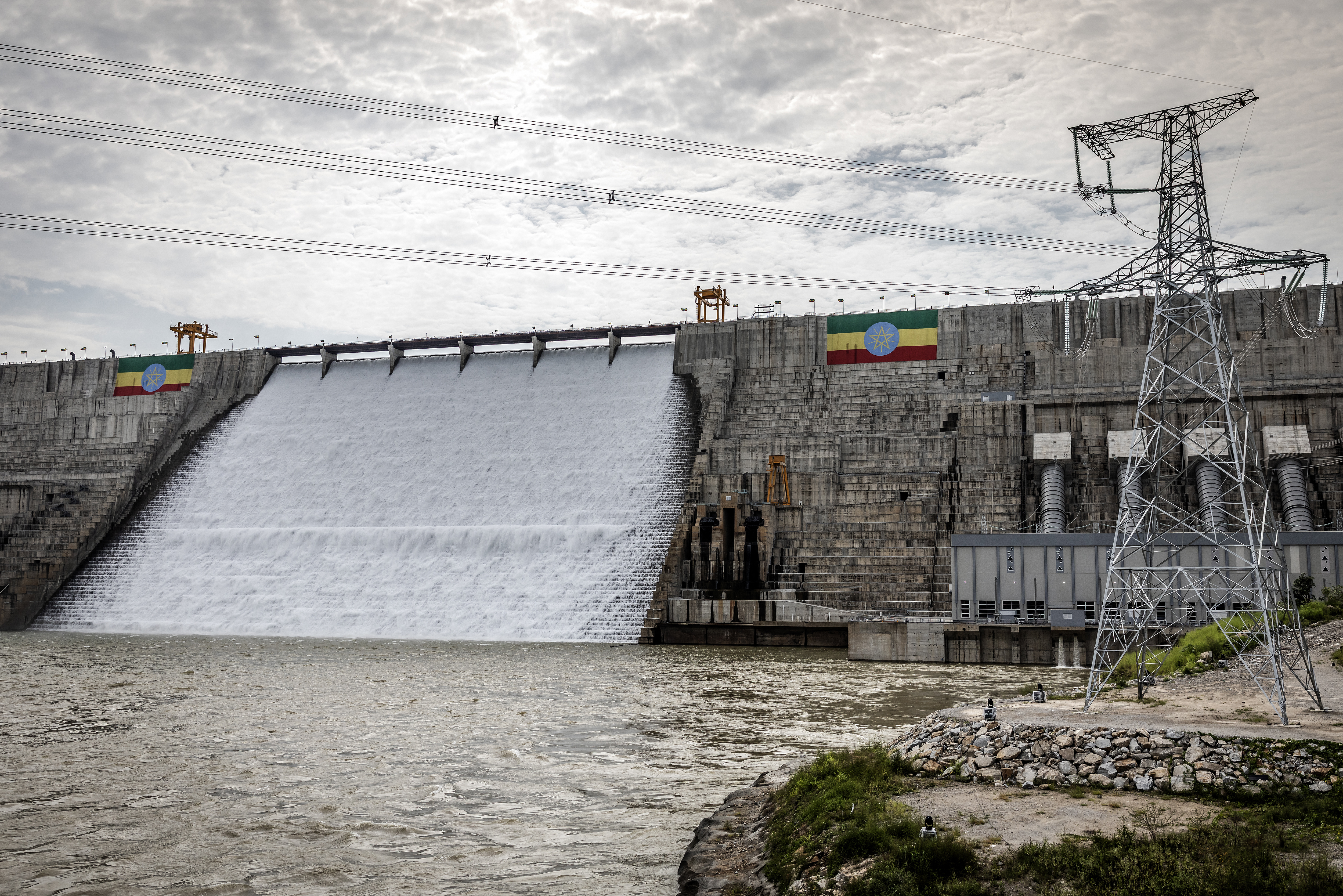 A general view of the Grand Ethiopian Renaissance Dam (GERD) ahead of its official inauguration ceremony in Guba, on September 9, 2025. (Photo by Luis TATO / AFP)