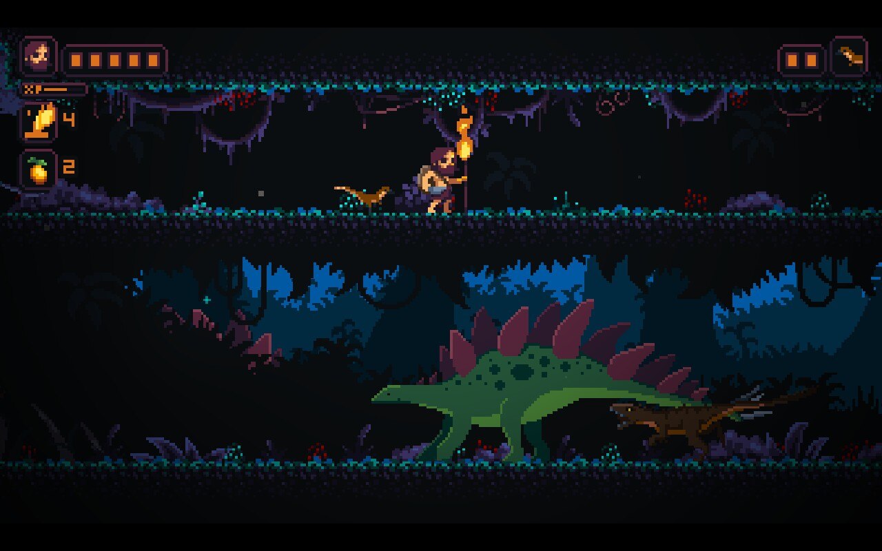 A screenshot from Primal Planet showing the protagonist exploring a lush jungle environment