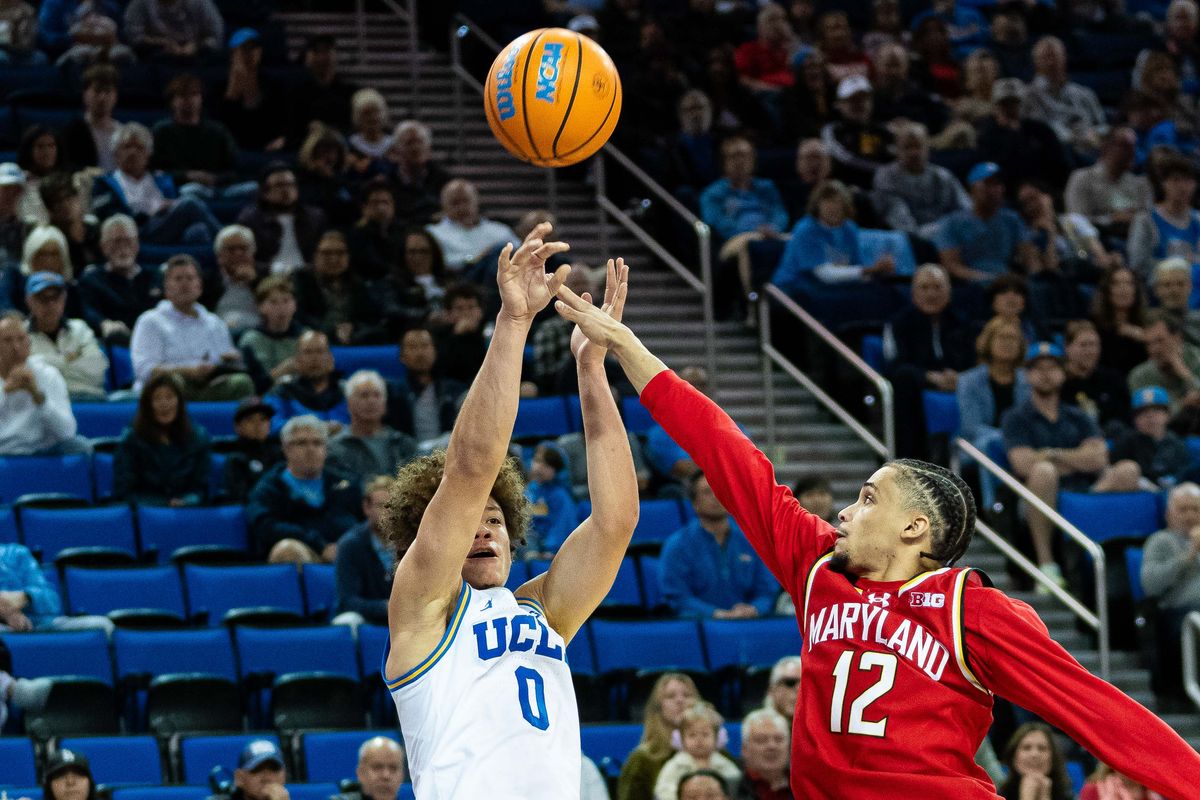UCLA guard Trent Perry (0) shoots the ball during a Big 10 basketball game against Maryland, Saturday , January 10th, 2025 in Los Angeles, California