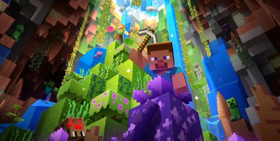 Minecraft Caves & Cliffs part 2 concept art of Steve using a pickaxe to mine amethysts in a lush cave while Alex explores above.