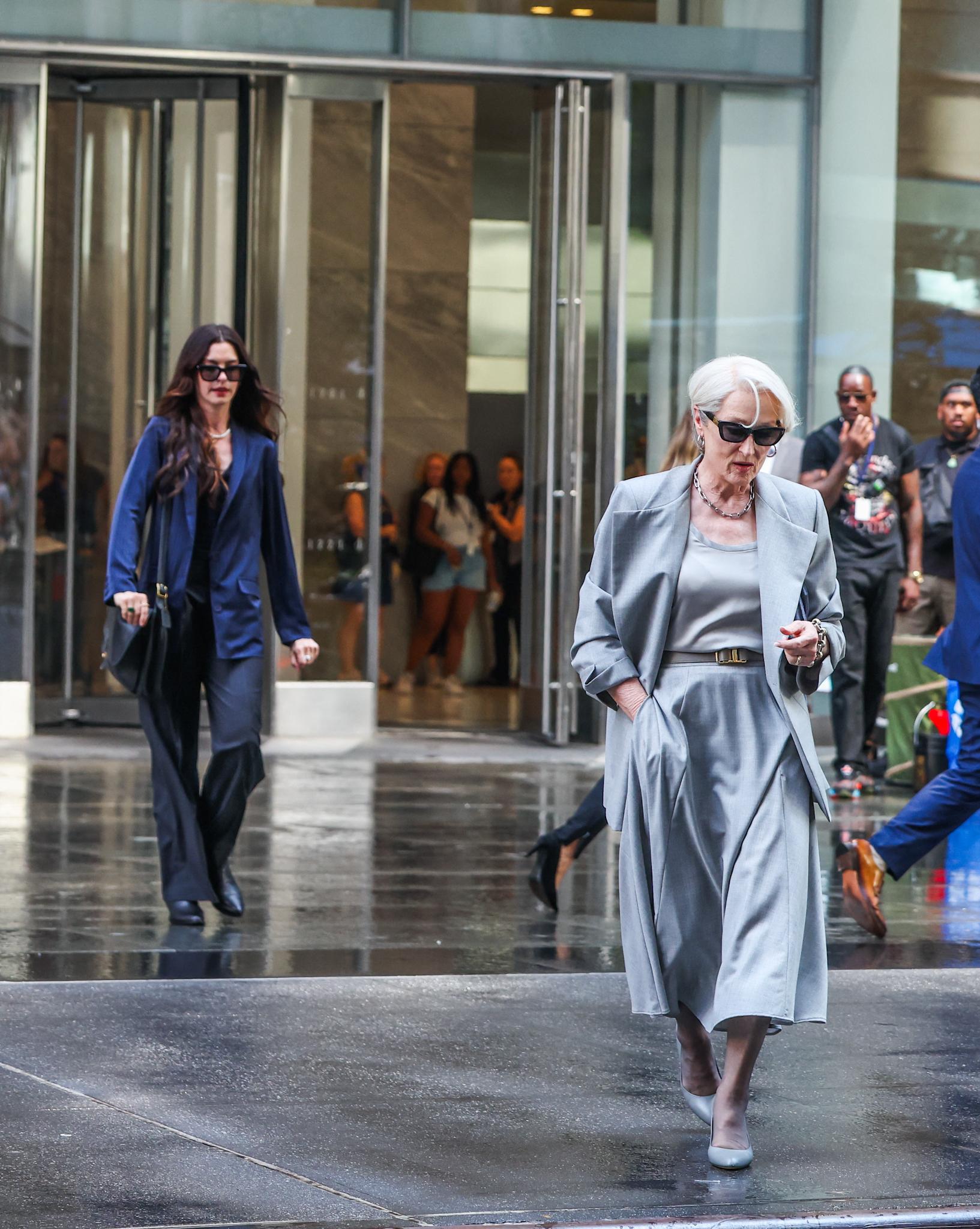 Anne Hathaway & Meryl Streep are seen filming scenes for The Devil Wears Prada 2 this afternoon in New York City
