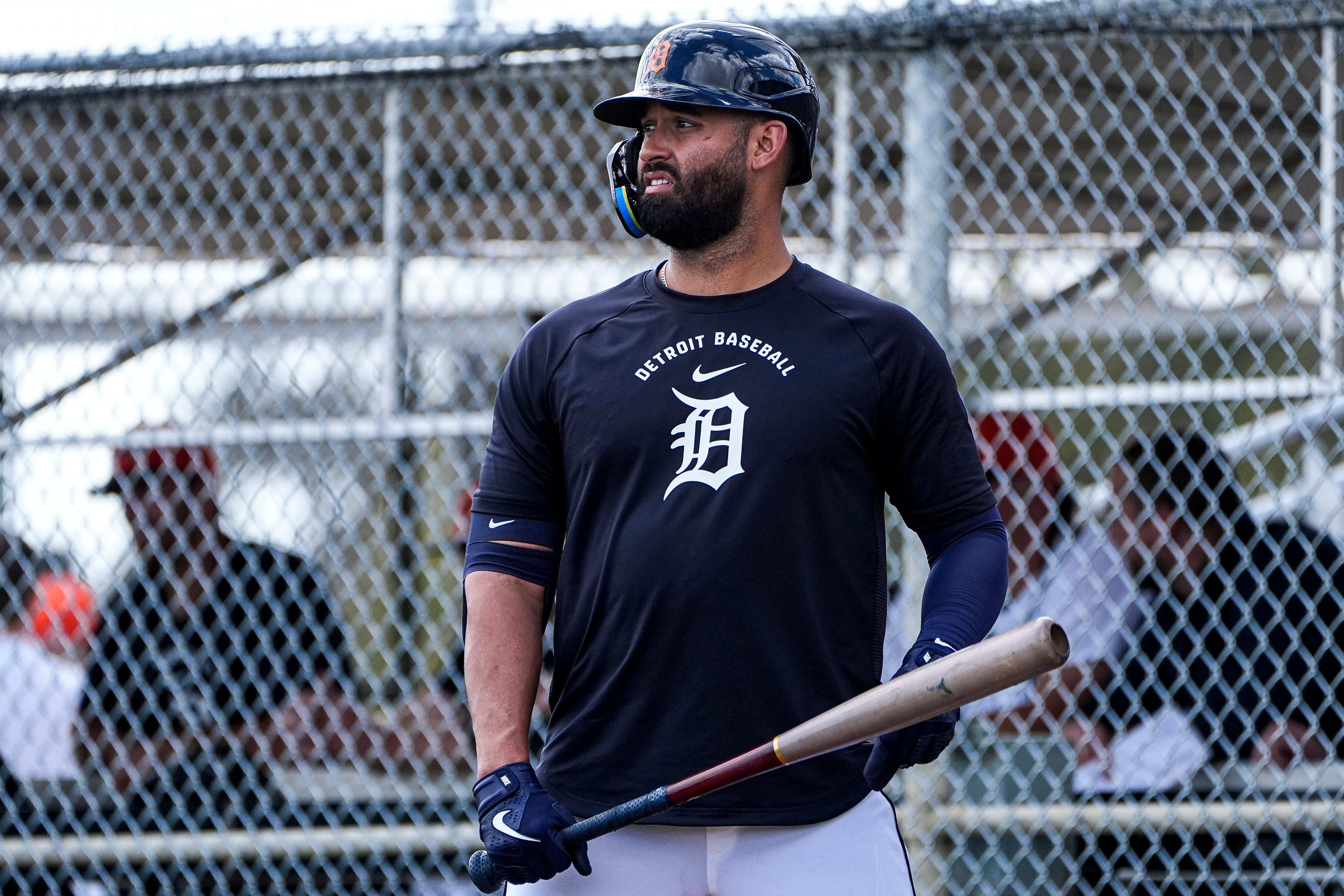 Detroit Tigers outfielder Riley Greene bats at live batting practice during spring training at TigerTown in Lakeland, Fla. on Wednesday, Feb. 18, 2026.