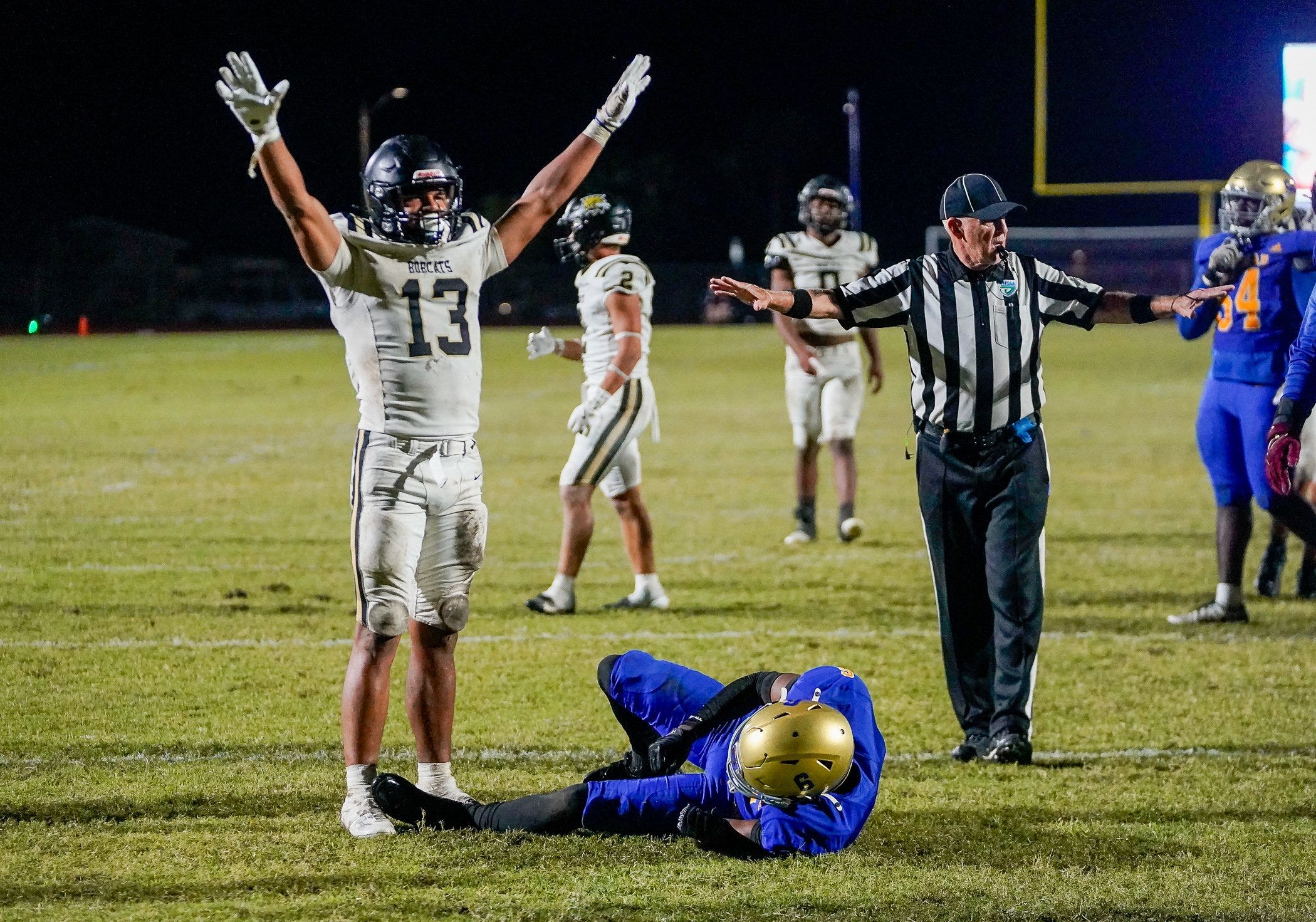 Buchholz defensive back Justin Williams (13) celebrates a pass break up in the fourth quarter of a 34-30 victory against Cardinal Newman on Oct. 31, 2025, in West Palm Beach, FL.