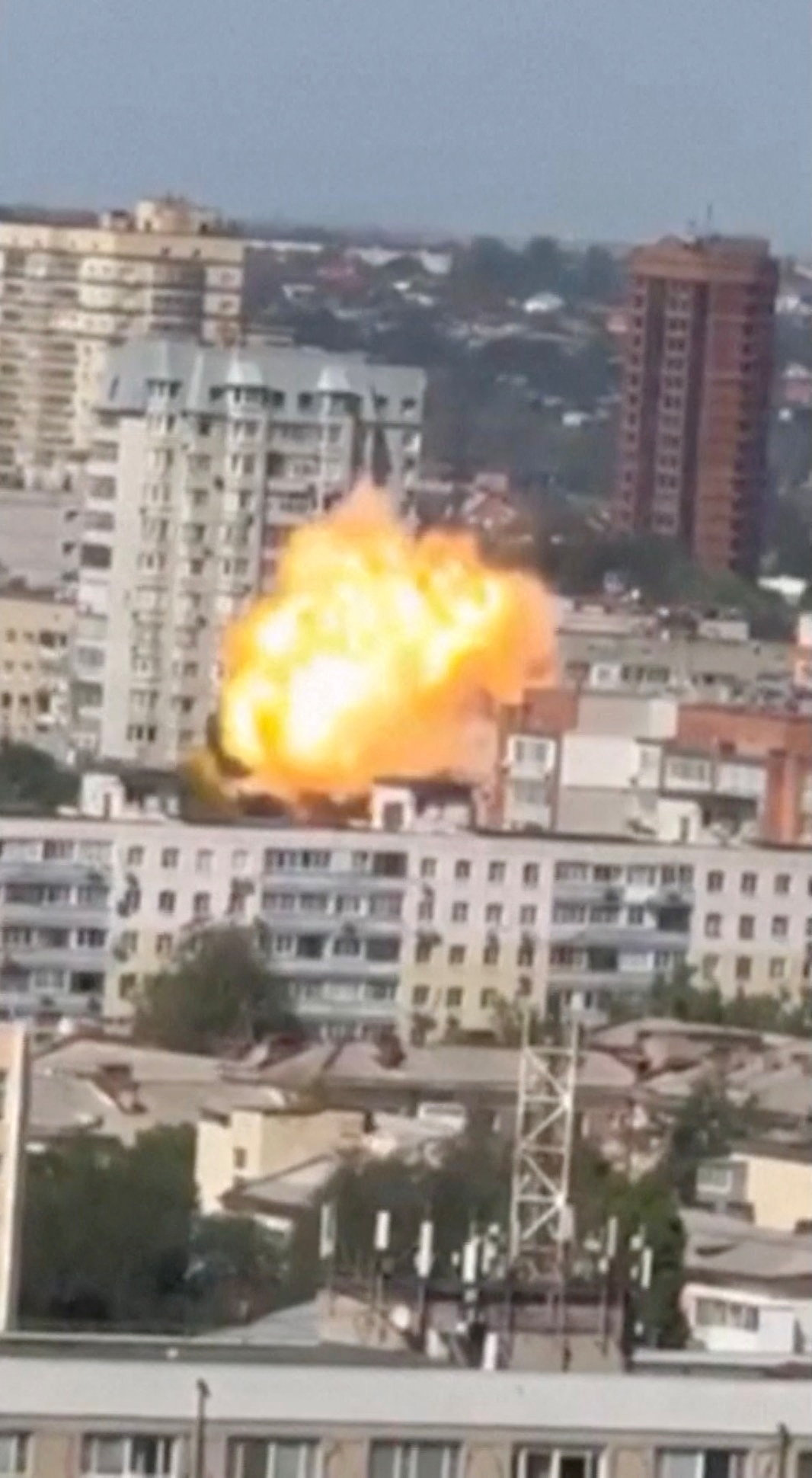 An explosion erupts as a drone hits a residential building in Rostov-on-Don, Russia, August 14, 2025, in this screen grab obtained from a social media video. Social Media/via REUTERS THIS IMAGE HAS BEEN SUPPLIED BY A THIRD PARTY. MANDATORY CREDIT. NO RESALES. NO ARCHIVES. VERIFICATION - Location verified by buildings visible in satellite, street view and file imagery. Date verified by corroborating aftermath imagery posted online from same location. Acting regional governor also said attack happened.