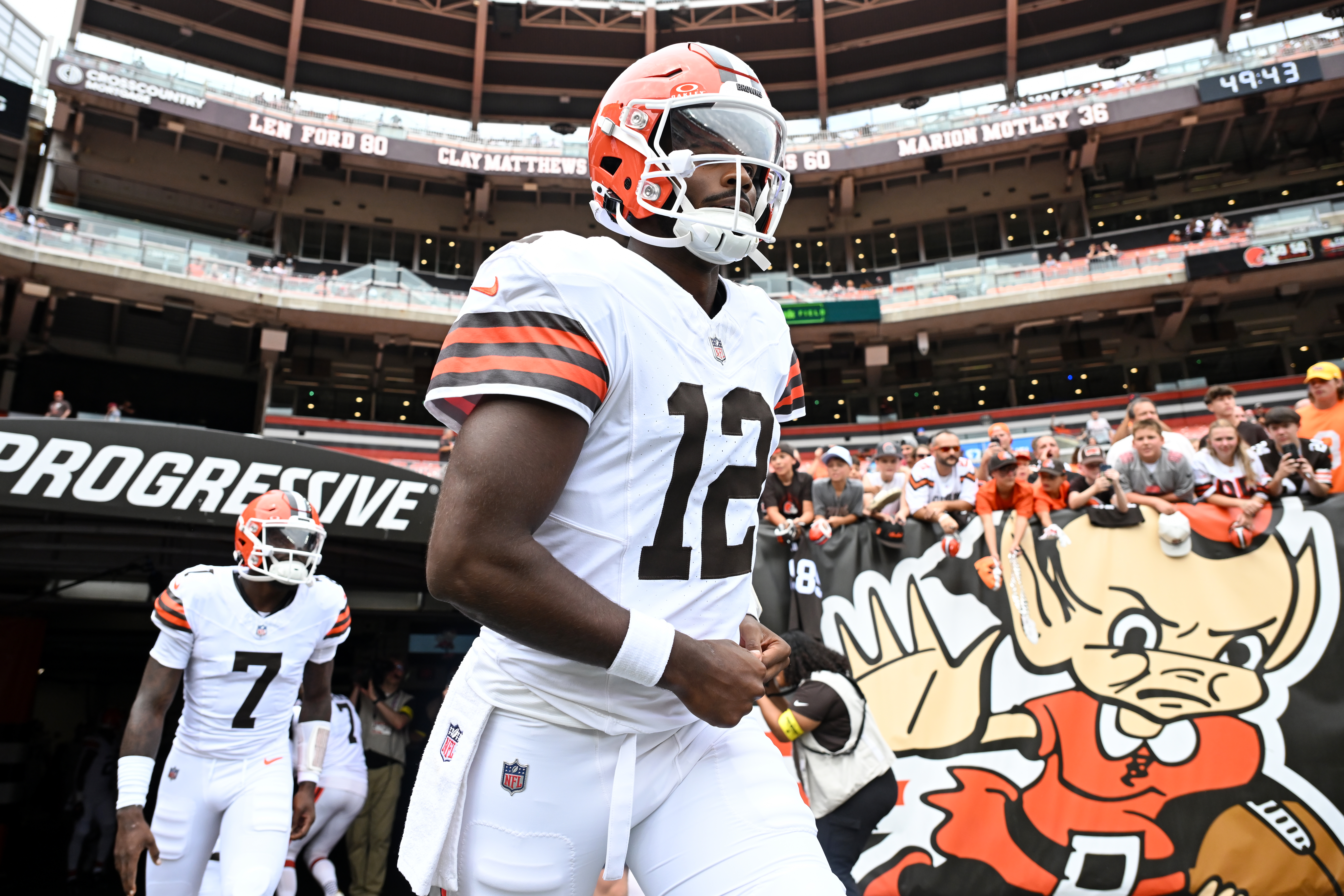 CLEVELAND, OHIO - AUGUST 23: Shedeur Sanders #12 of the Cleveland Browns runs onto the field prior to an NFL Preseason 2025 game against the Los Angeles Rams at Huntington Bank Field on August 23, 2025 in Cleveland, Ohio. (Photo by Nick Cammett/Diamond Images via Getty Images)