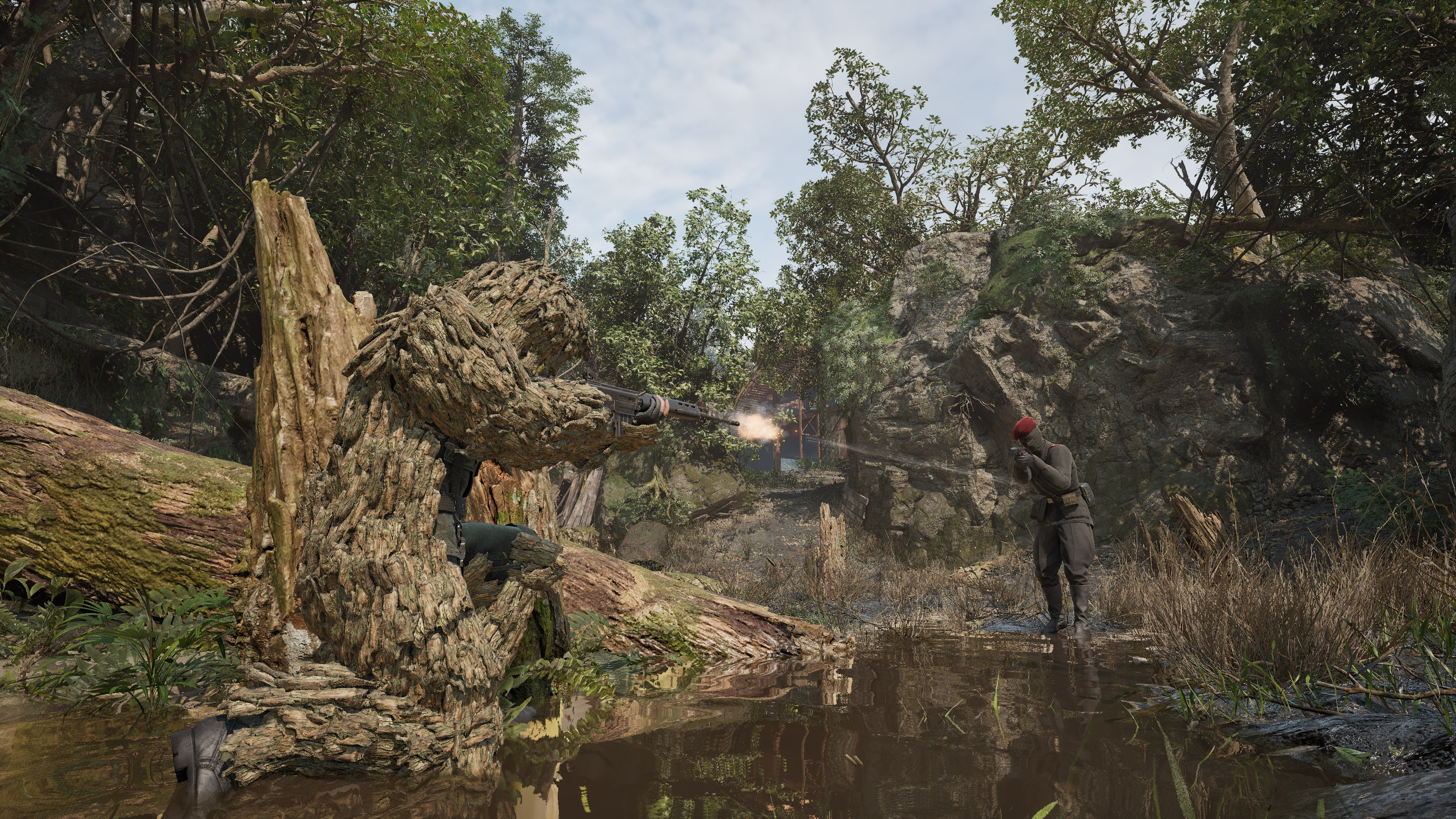 A ghillie-suited soldier shoots at an Ocelot troop in Metal Gear Solid Delta: Snake Eater multiplayer.
