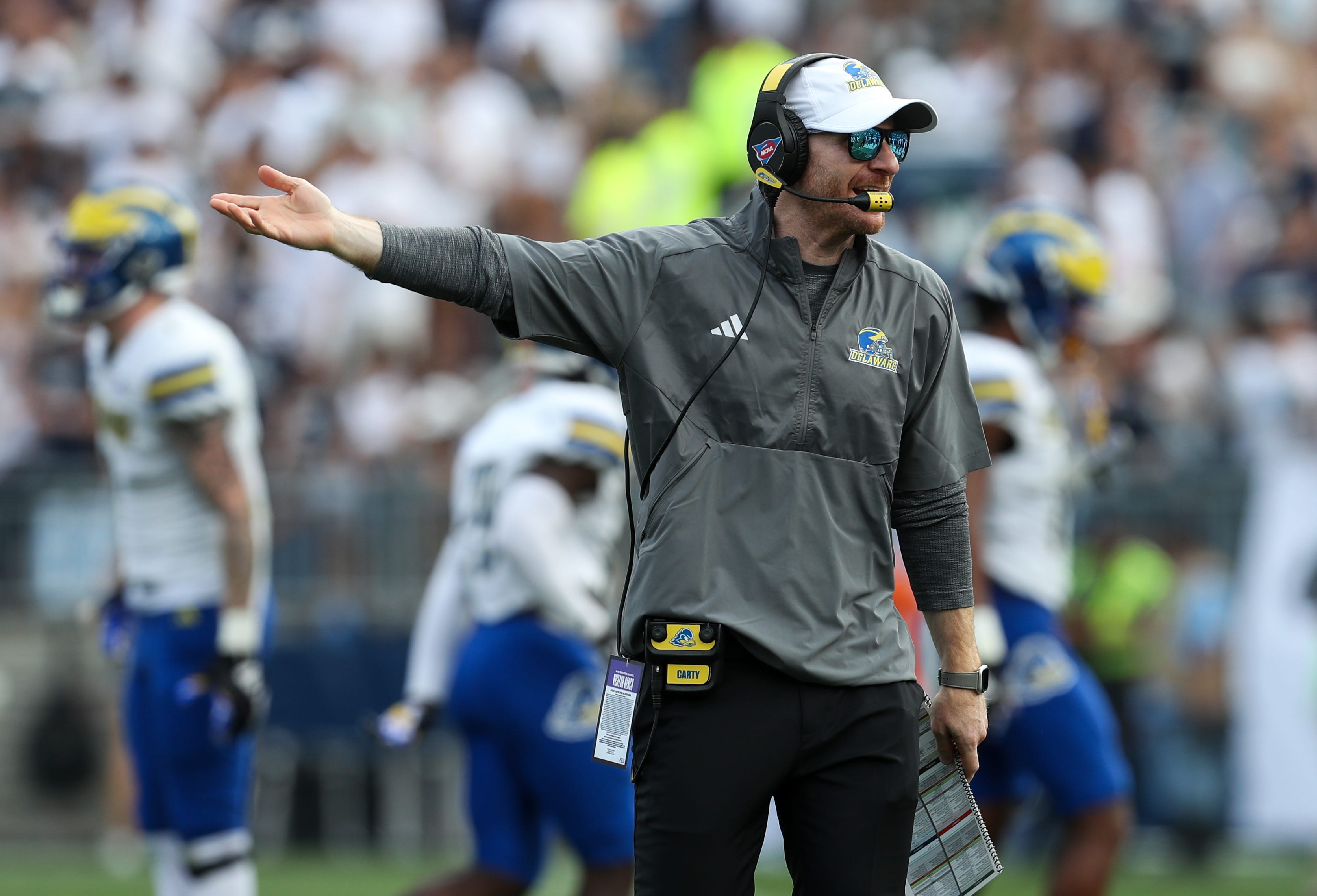 Sep 9, 2023; University Park, Pennsylvania, USA; Delaware Fightin' Blue Hens head coach Ryan Carty reacts from the sideline during the third quarter against the Penn State Nittany Lions at Beaver Stadium. Penn State defeated Delaware 63-7. Mandatory Credit: Matthew O'Haren-USA TODAY Sports