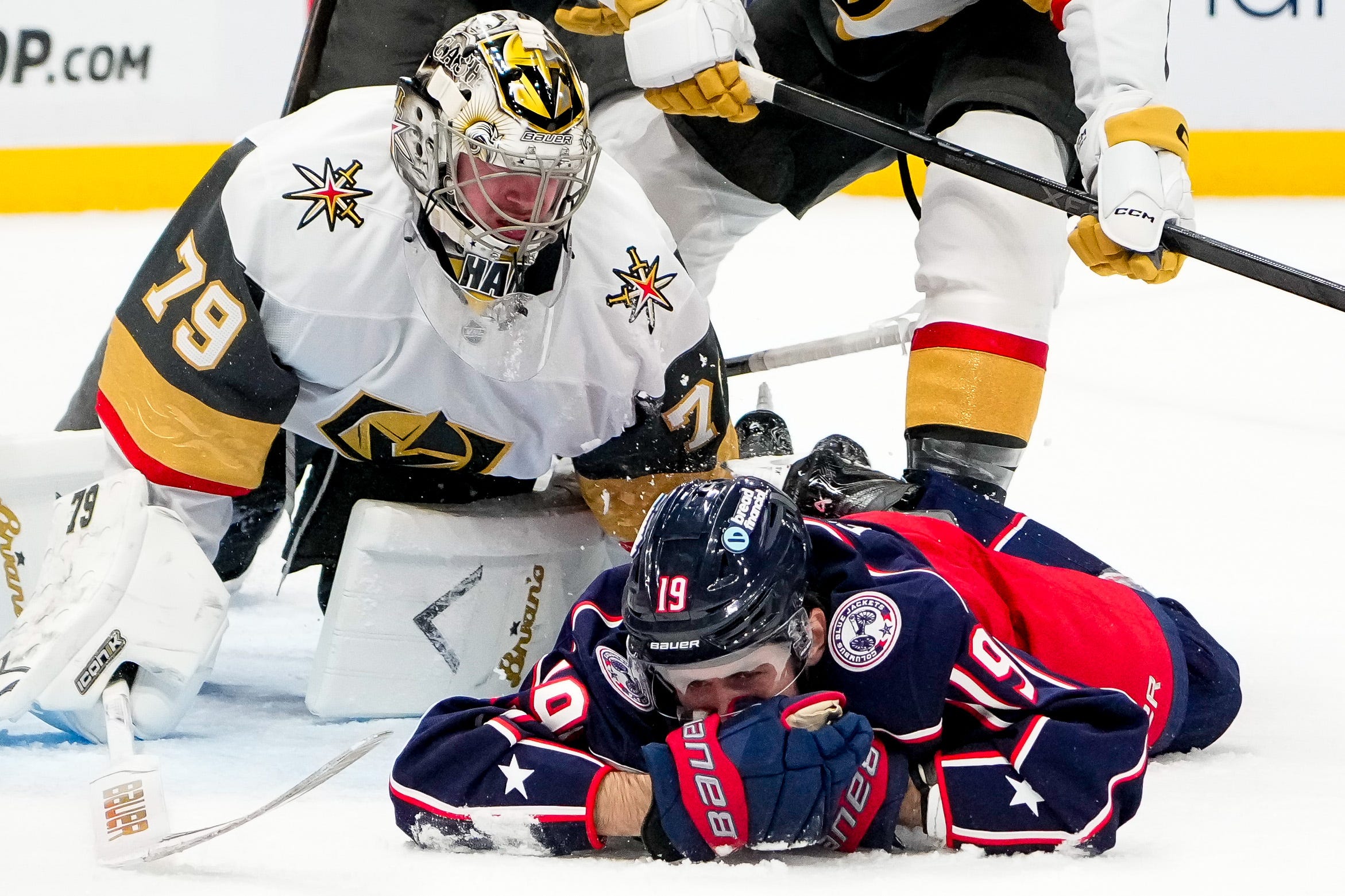 Columbus Blue Jackets center Adam Fantilli (19) reacts after being hit in the face with a stick in the third period of the NHL game at Nationwide Arena on Saturday, Dec. 13, 2025 in Columbus, Ohio.