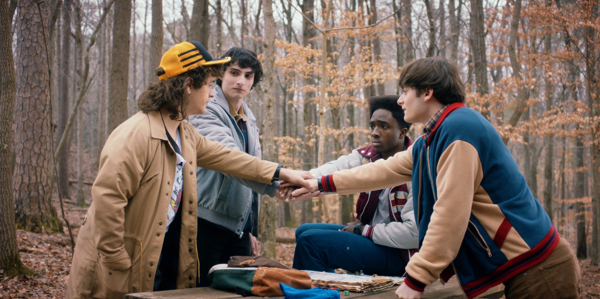 Gaten Matarazzo, Finn Wolfhard, Caleb McLaughlin, Noah Schnapp in Stranger Things Season 5