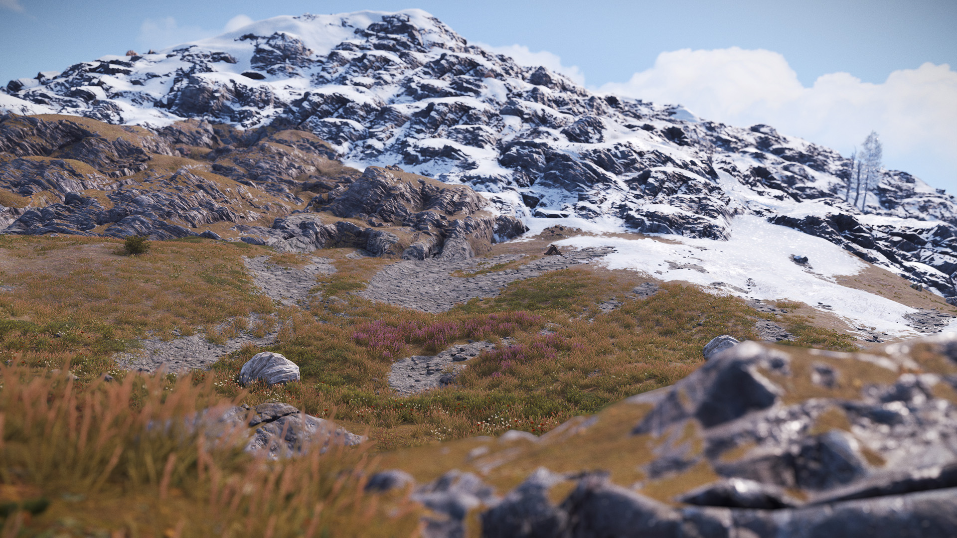 Scree slopes running down autumnal, snow-dusted mountains and green riverside valleys in Rust.