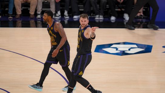 Los Angeles Lakers guard Luka Doncic (77) celebrating a 3 point shot during an NBA basketball game against the Atlanta Hawks on January 13th, 2026 in Los Angeles, CA.
