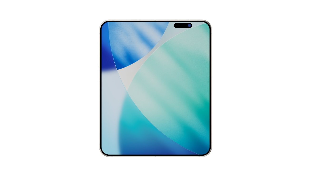 Smartphone with a colorful abstract design on its screen, featuring shades of blue and green with a pill-shaped camera cutout at the top.