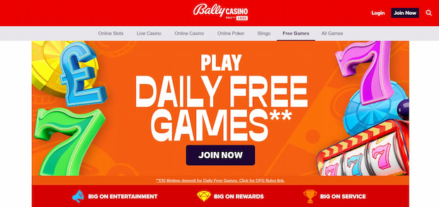 Bally Casino ad: Play daily free games. Join now.