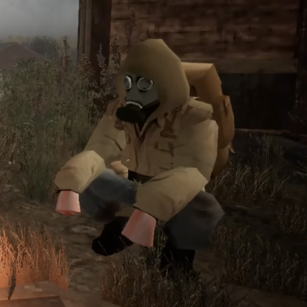 A player character from Misery sitting beside a fire and wearing a gas mask